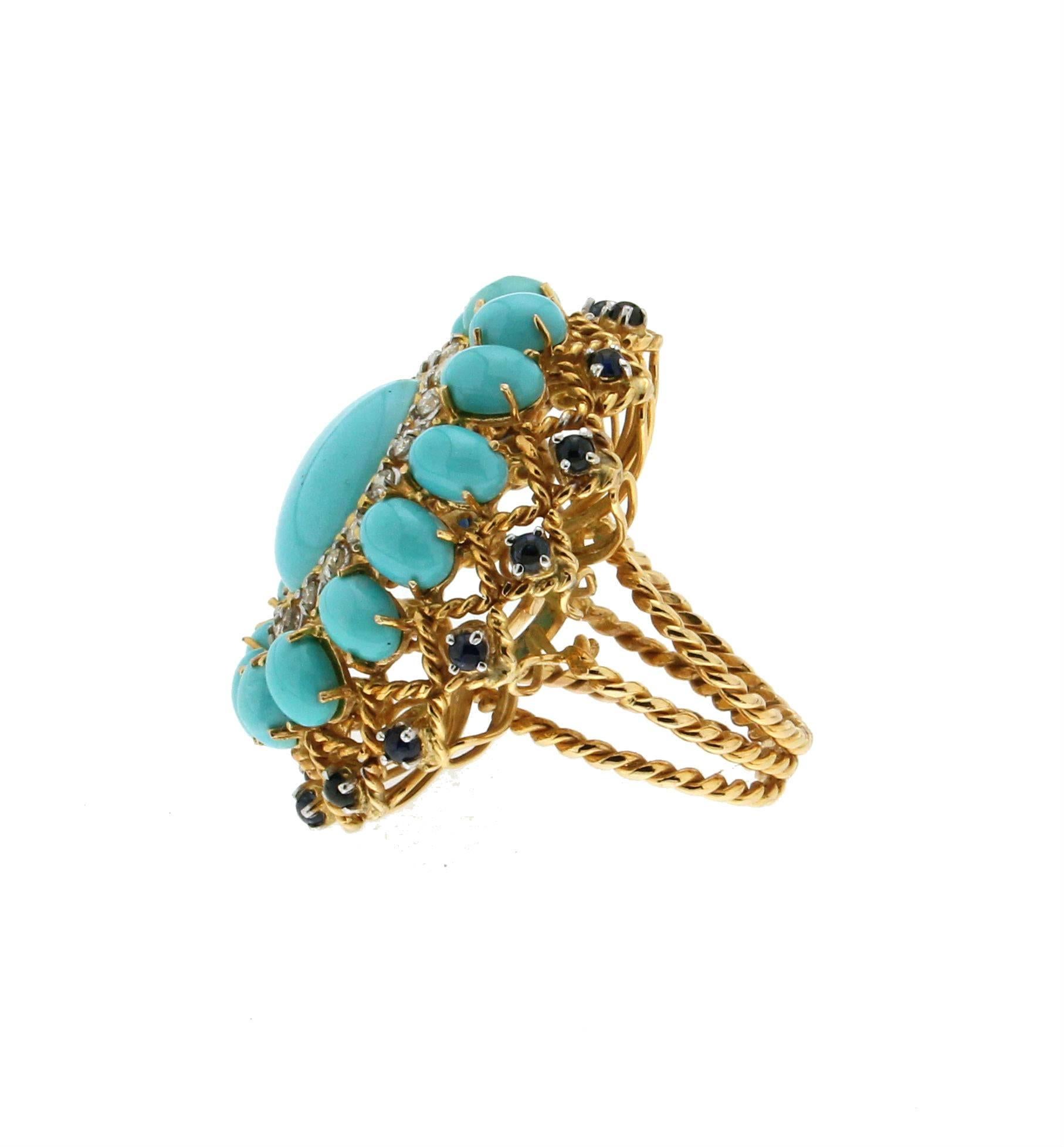 Women's or Men's Yellow Gold Turquoise Diamonds and Sapphires Cocktail Ring