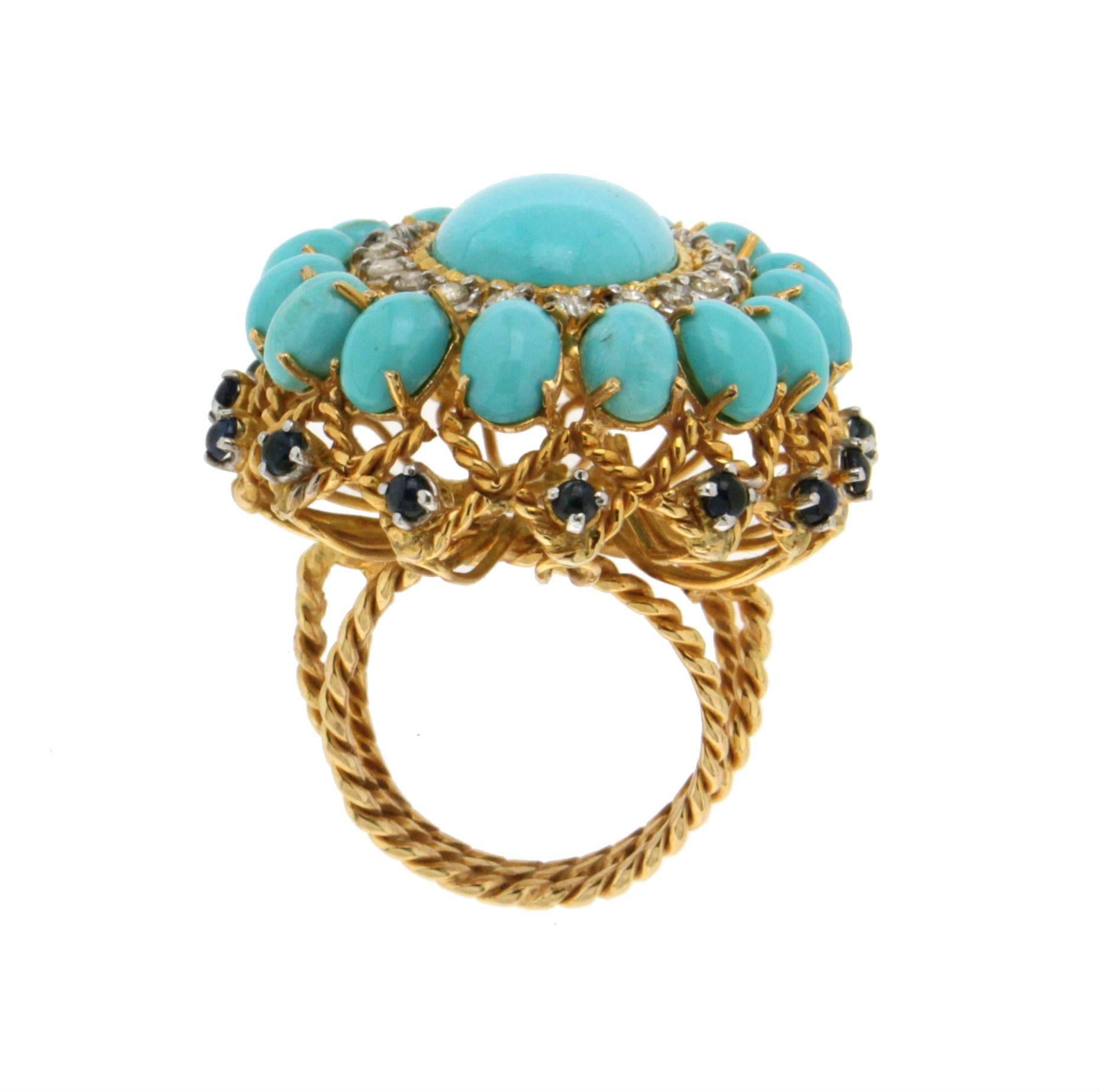 Yellow Gold Turquoise Diamonds and Sapphires Cocktail Ring 5