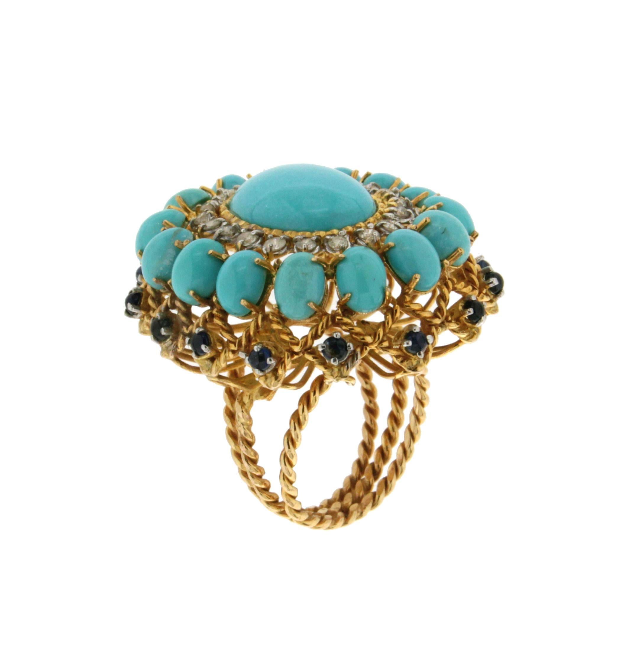 Yellow Gold Turquoise Diamonds and Sapphires Cocktail Ring 3