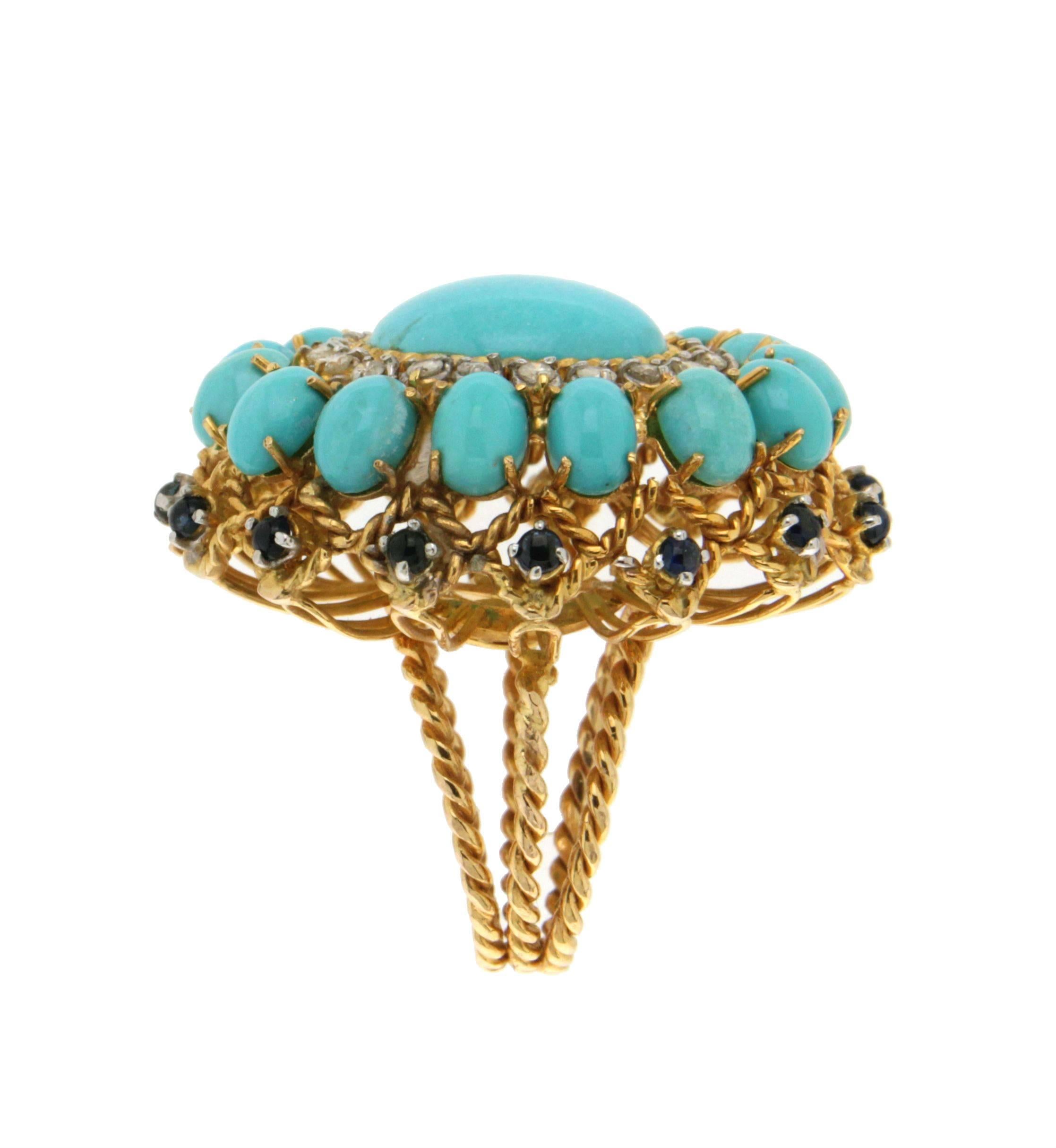 Yellow Gold Turquoise Diamonds and Sapphires Cocktail Ring 4