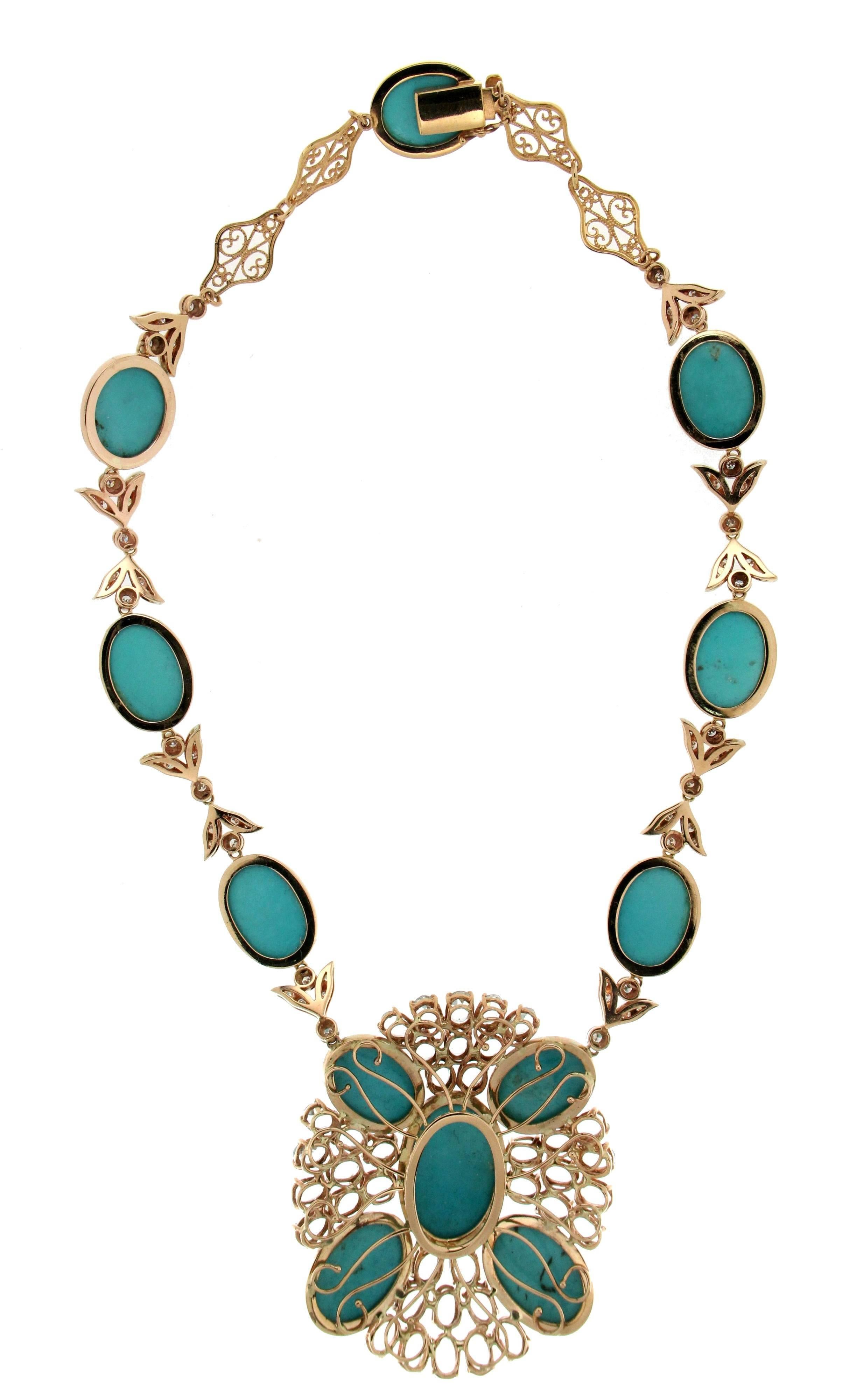 Turquoise Yellow Gold Diamonds, Aquamarine Necklace In New Condition In Marcianise, IT