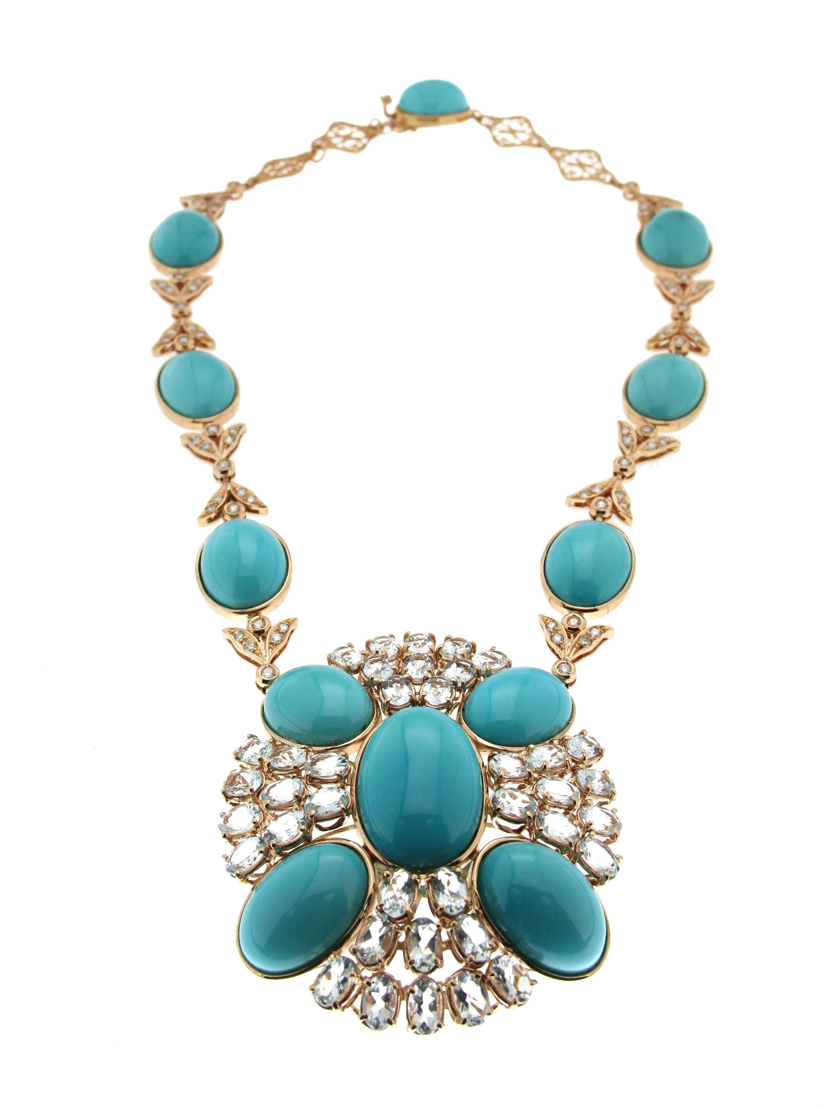 Retro Turquoise Yellow Gold Diamonds, Aquamarine Necklace