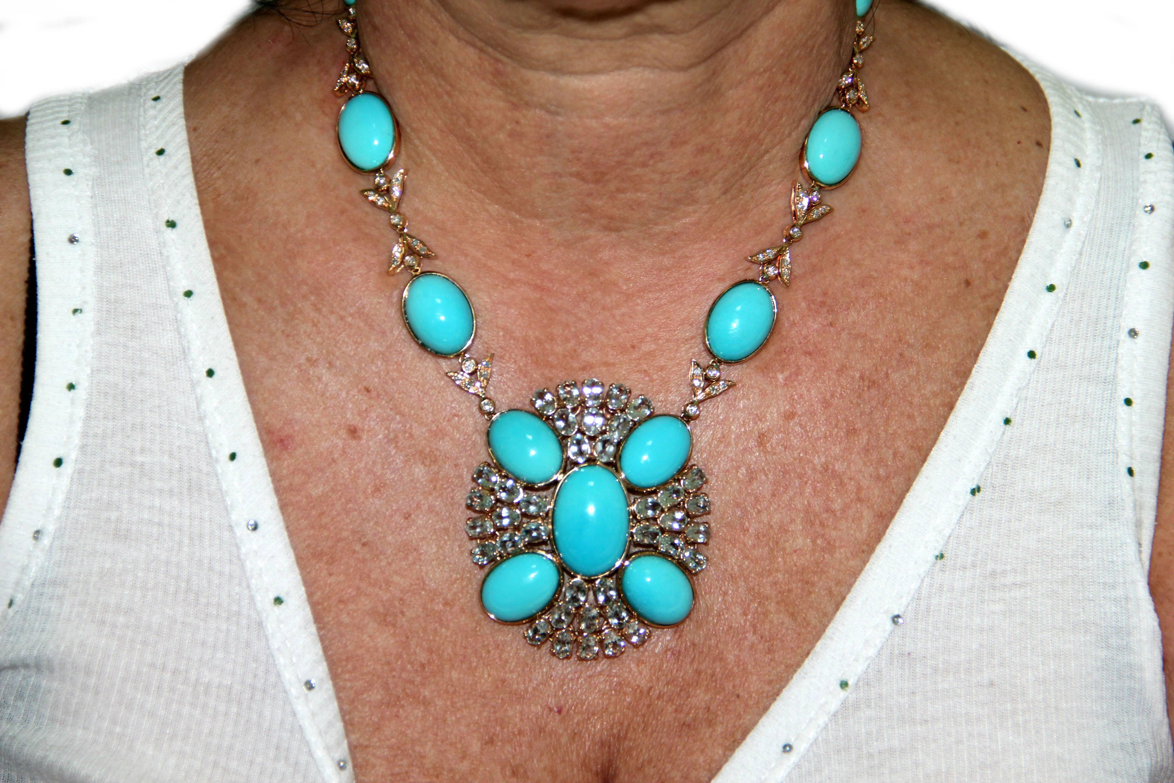 Women's or Men's Turquoise Yellow Gold Diamonds, Aquamarine Necklace
