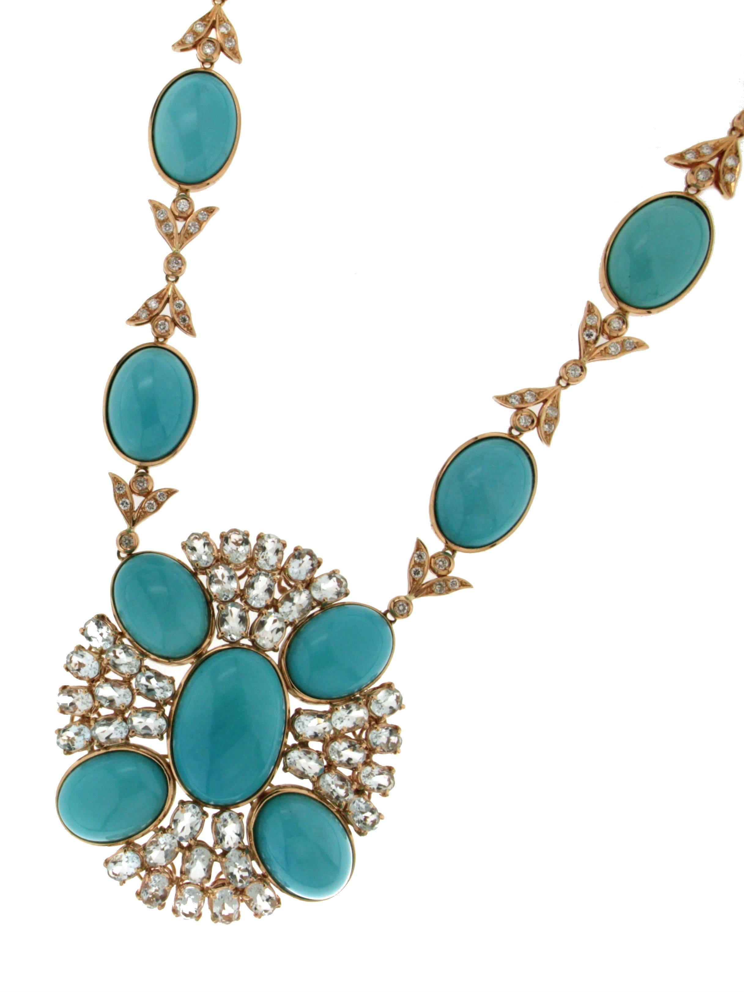 Turquoise Yellow Gold Diamonds, Aquamarine Necklace 2