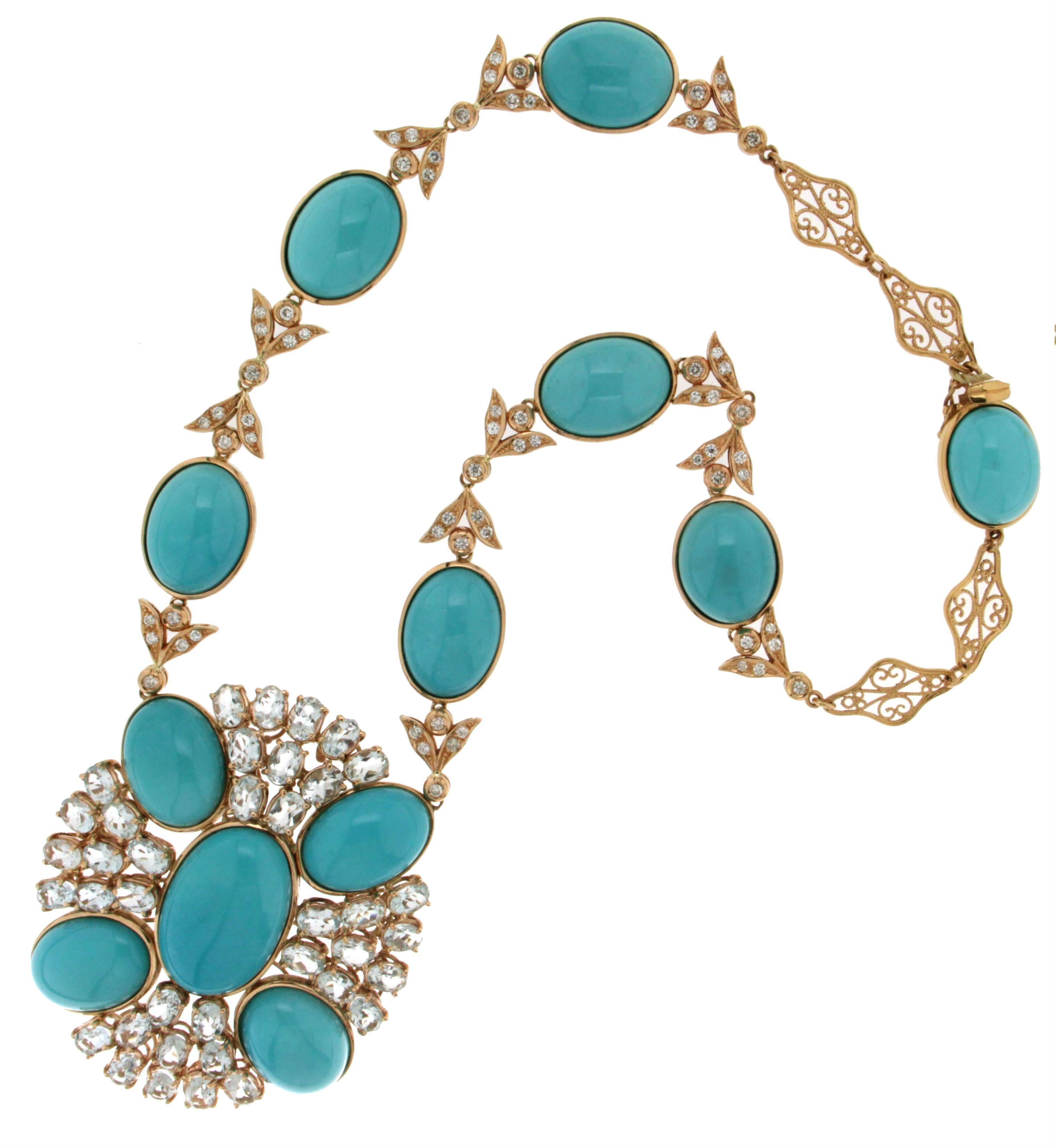 Turquoise Yellow Gold Diamonds, Aquamarine Necklace 3