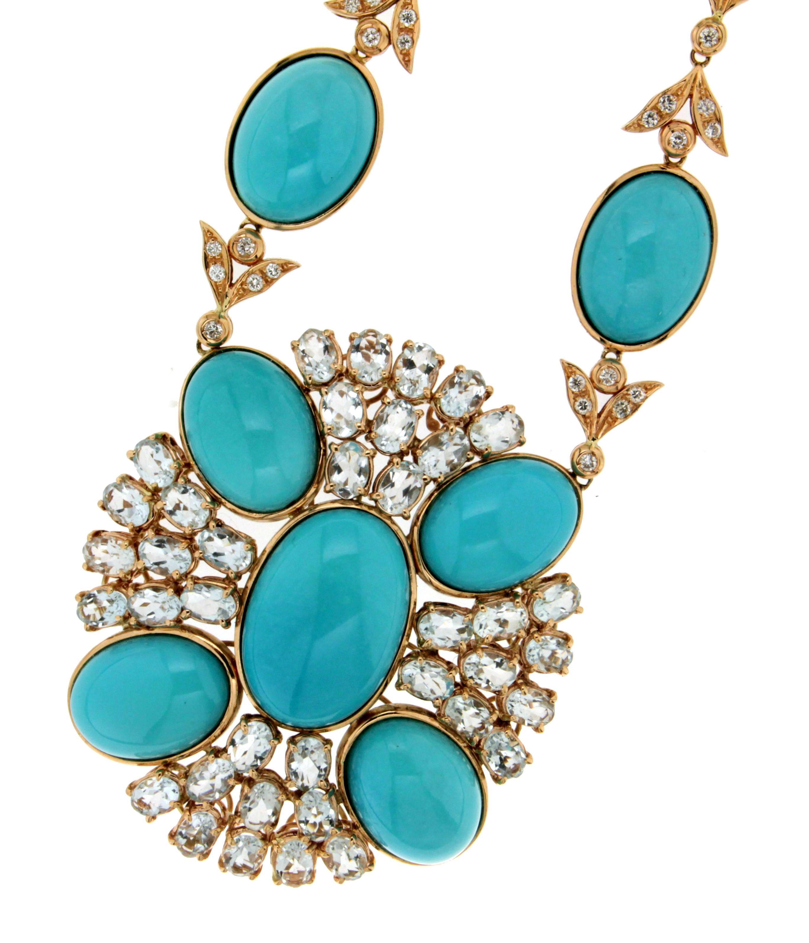 Turquoise Yellow Gold Diamonds, Aquamarine Necklace 4