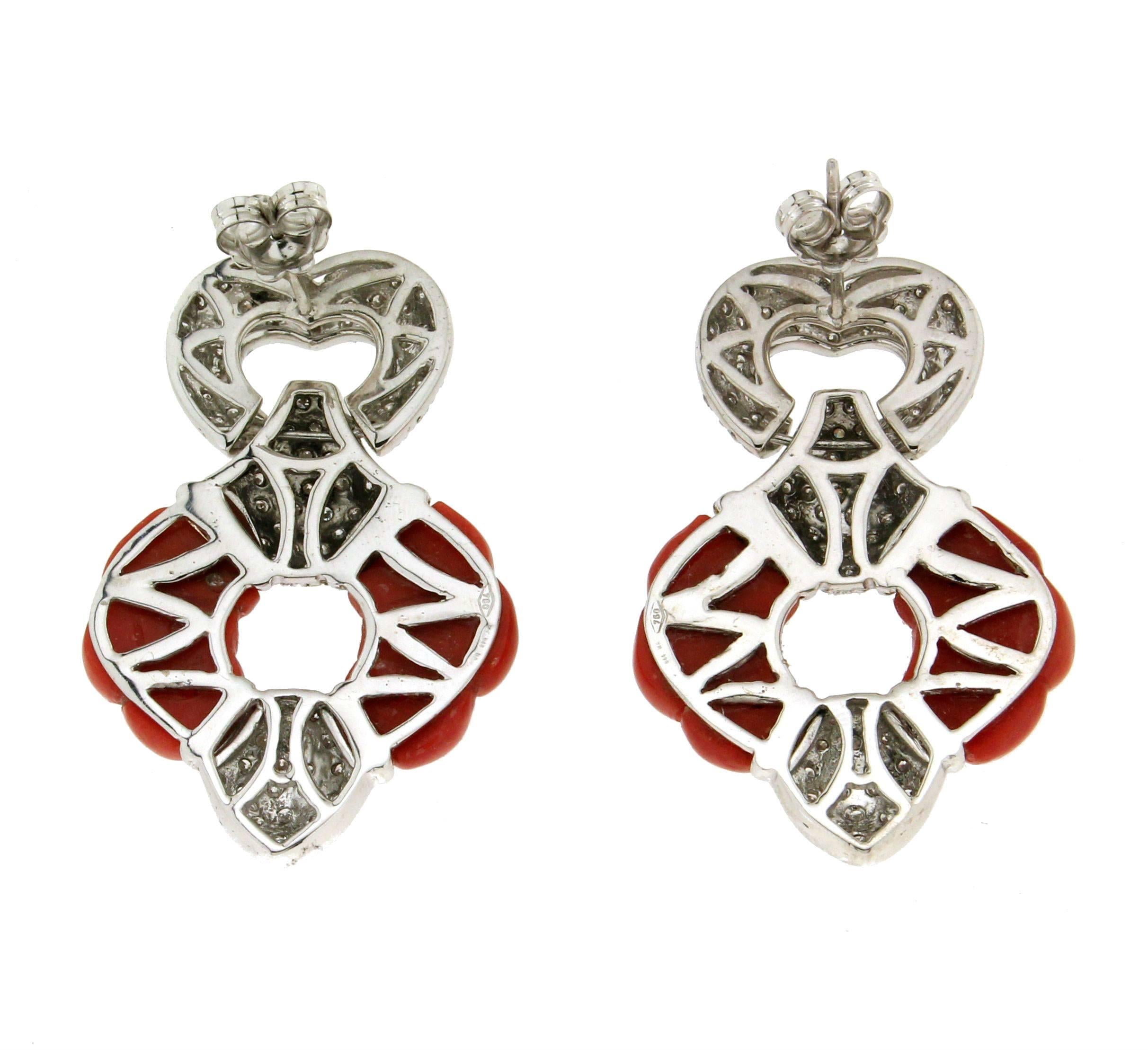 Sardinia Coral White Gold 18 karat Diamonds Drop Earrings In New Condition In Marcianise, IT