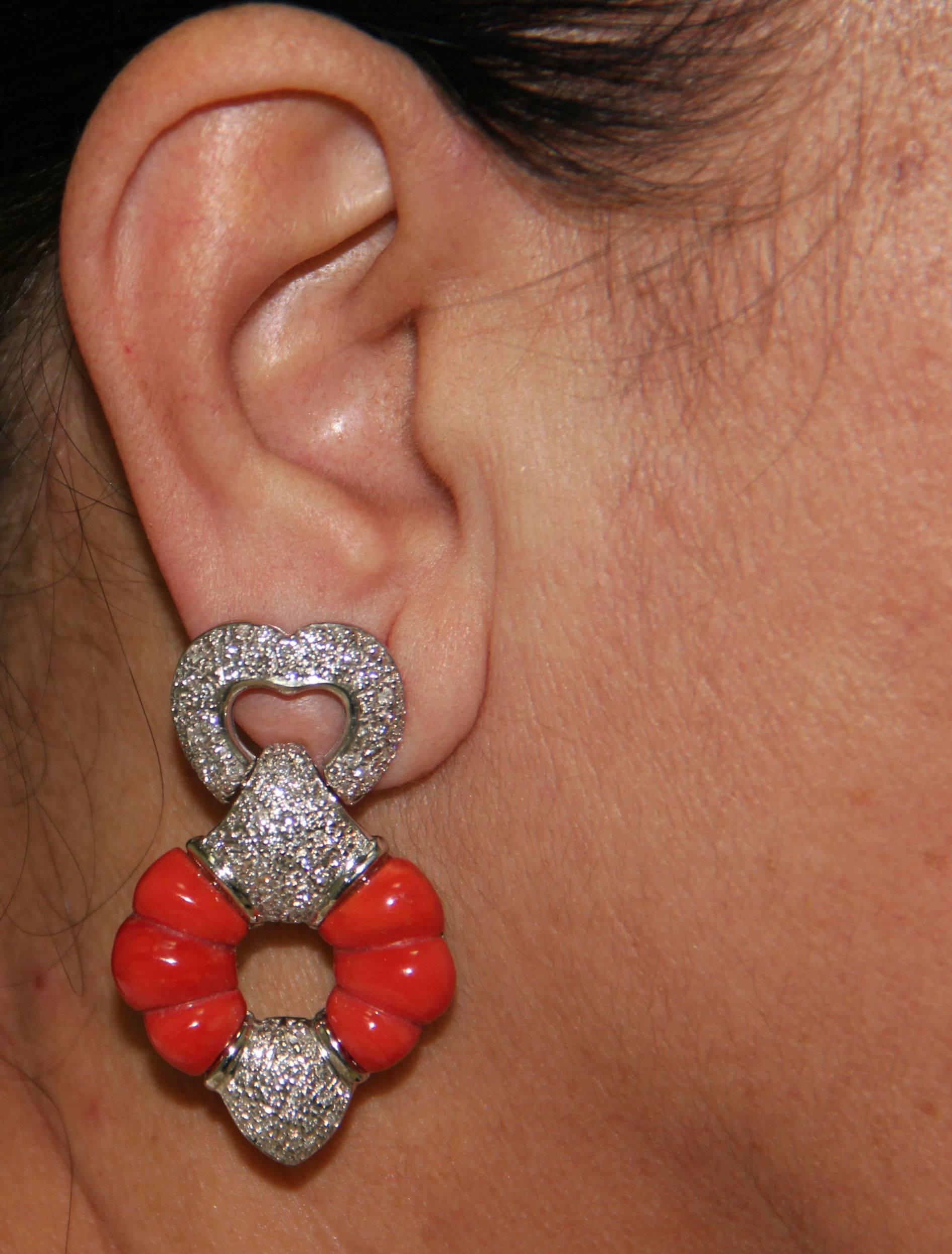 Sardinia Coral White Gold 18 karat Diamonds Drop Earrings 2