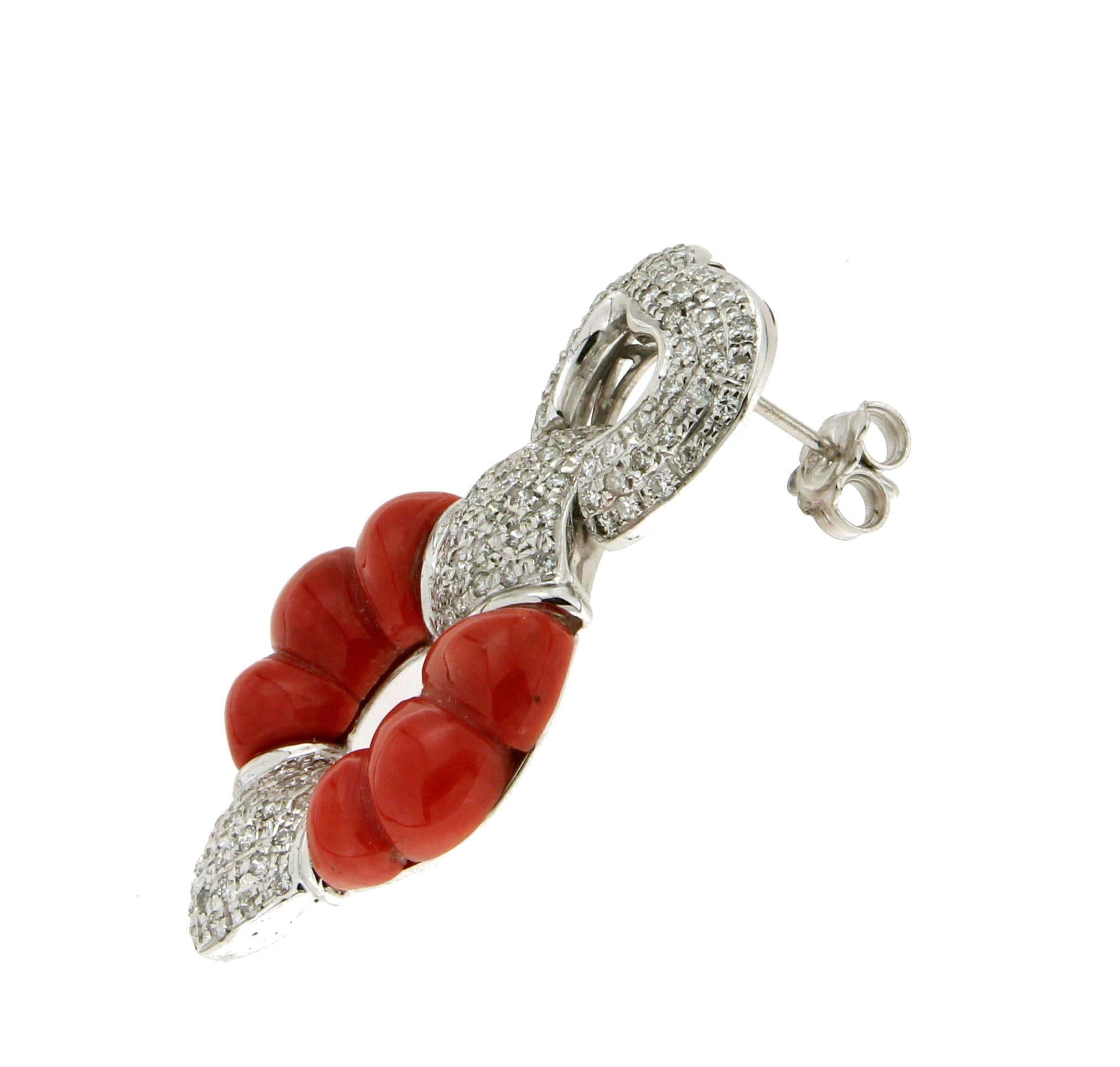 Sardinia Coral White Gold 18 karat Diamonds Drop Earrings 3