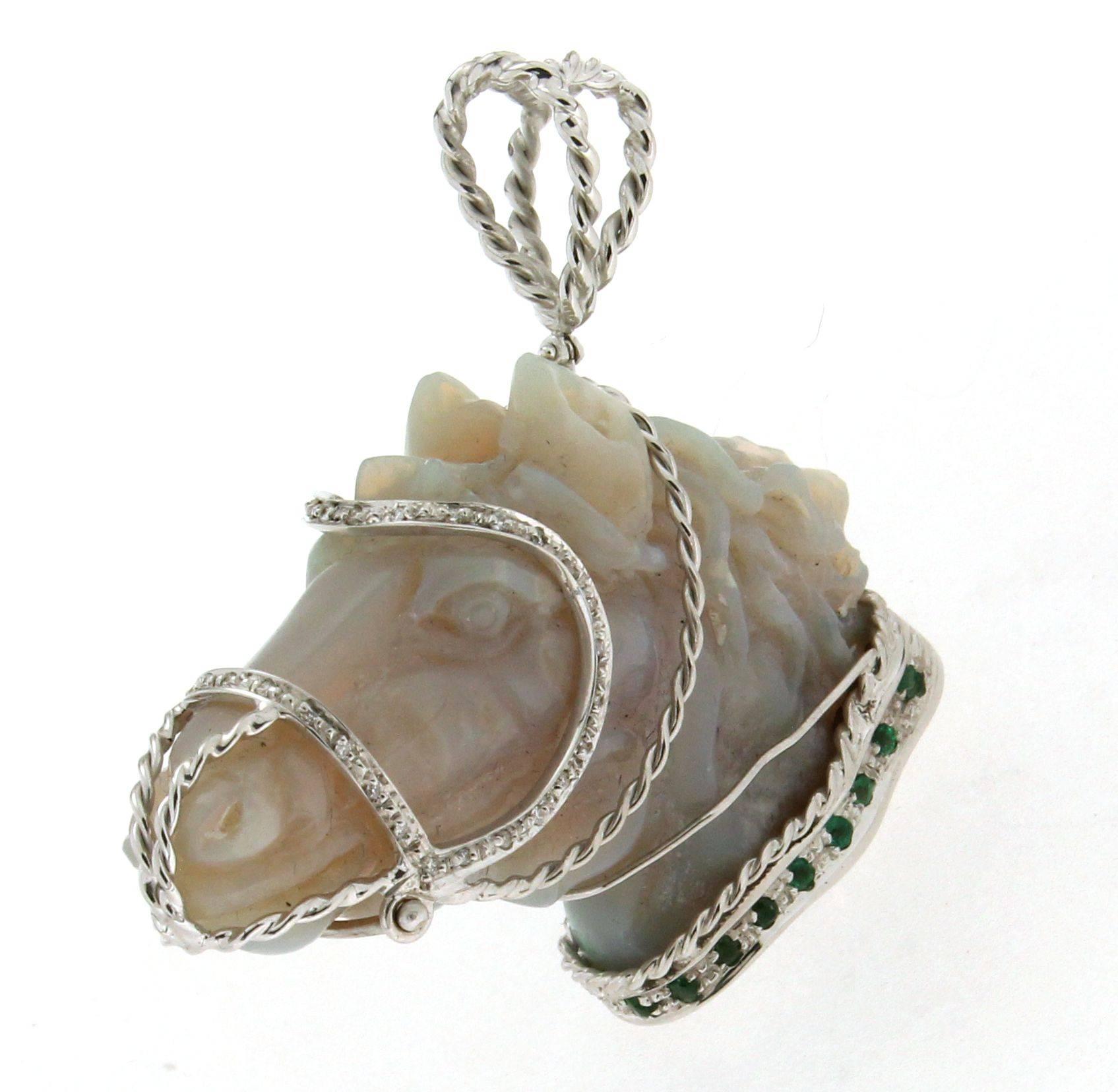 Opal Horse White Gold Diamonds Emeralds Pendant Necklace 1