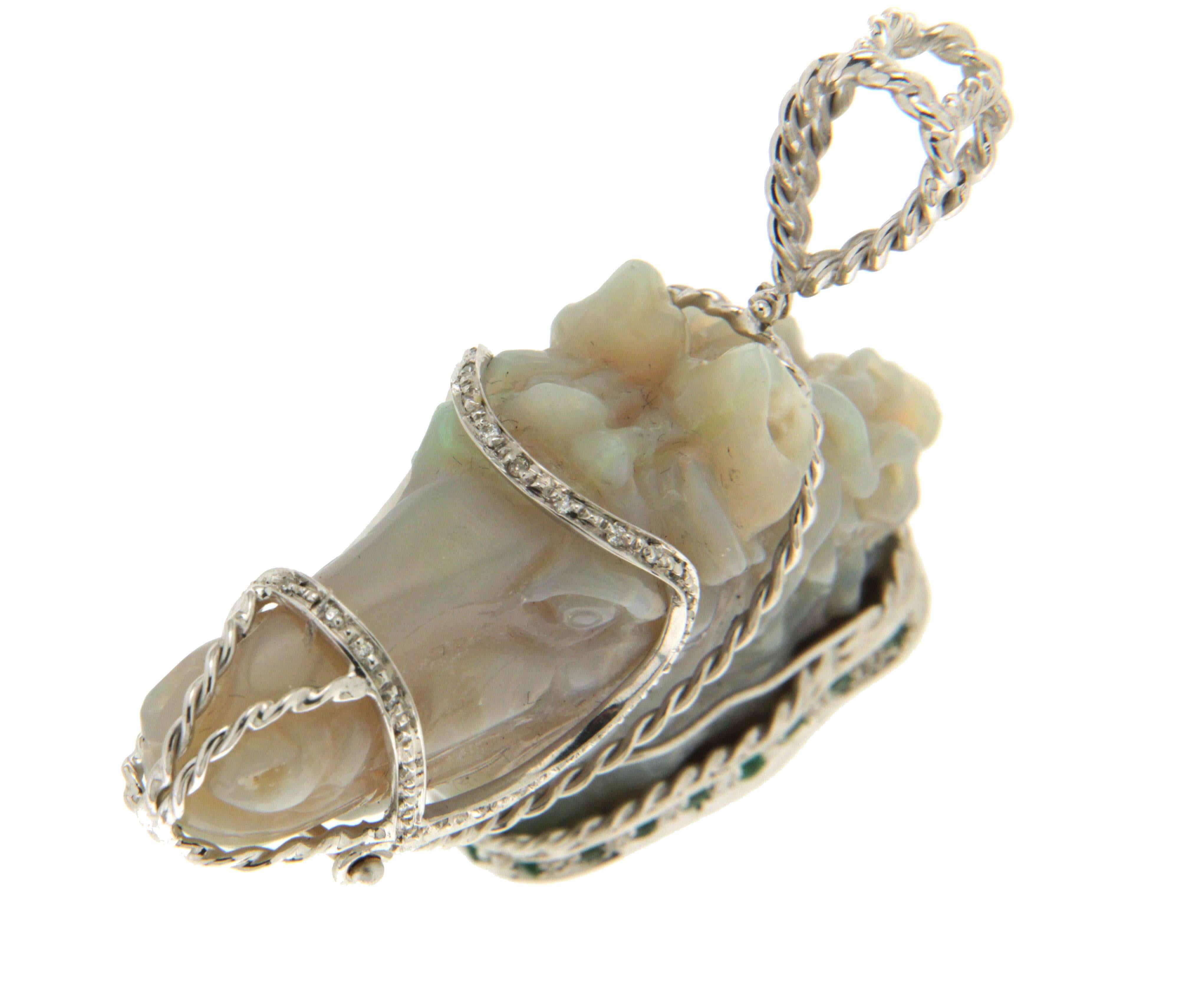 Opal Horse White Gold Diamonds Emeralds Pendant Necklace 4