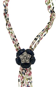 Collana a goccia in lapislazzuli con tormalina e diamanti in oro bianco 18 carati