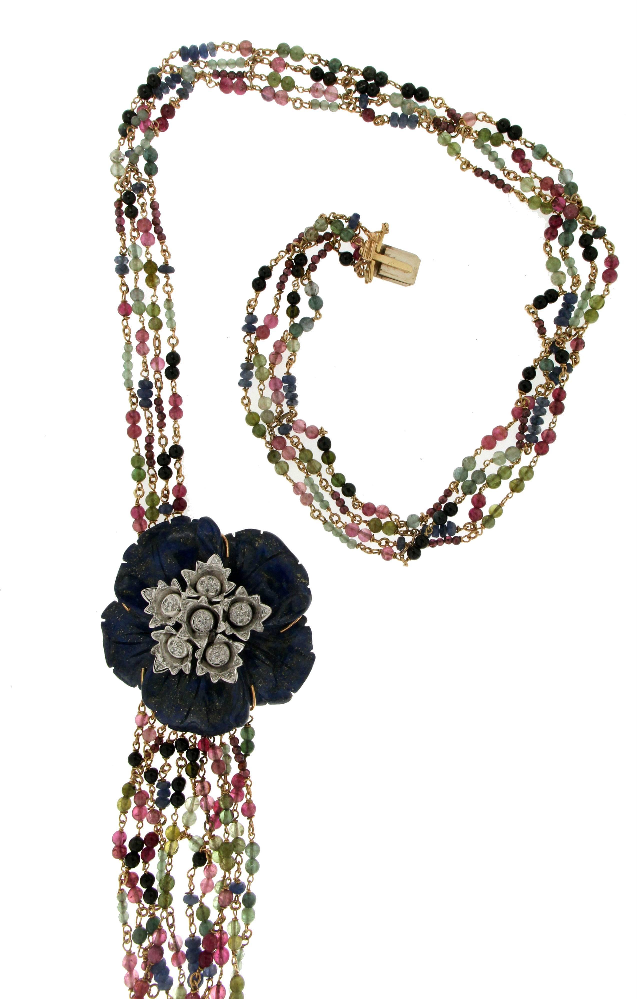  Lapislazuli Flower Tourmaline Diamonds White Gold 18 karat Drop Necklace In New Condition For Sale In Marcianise, IT