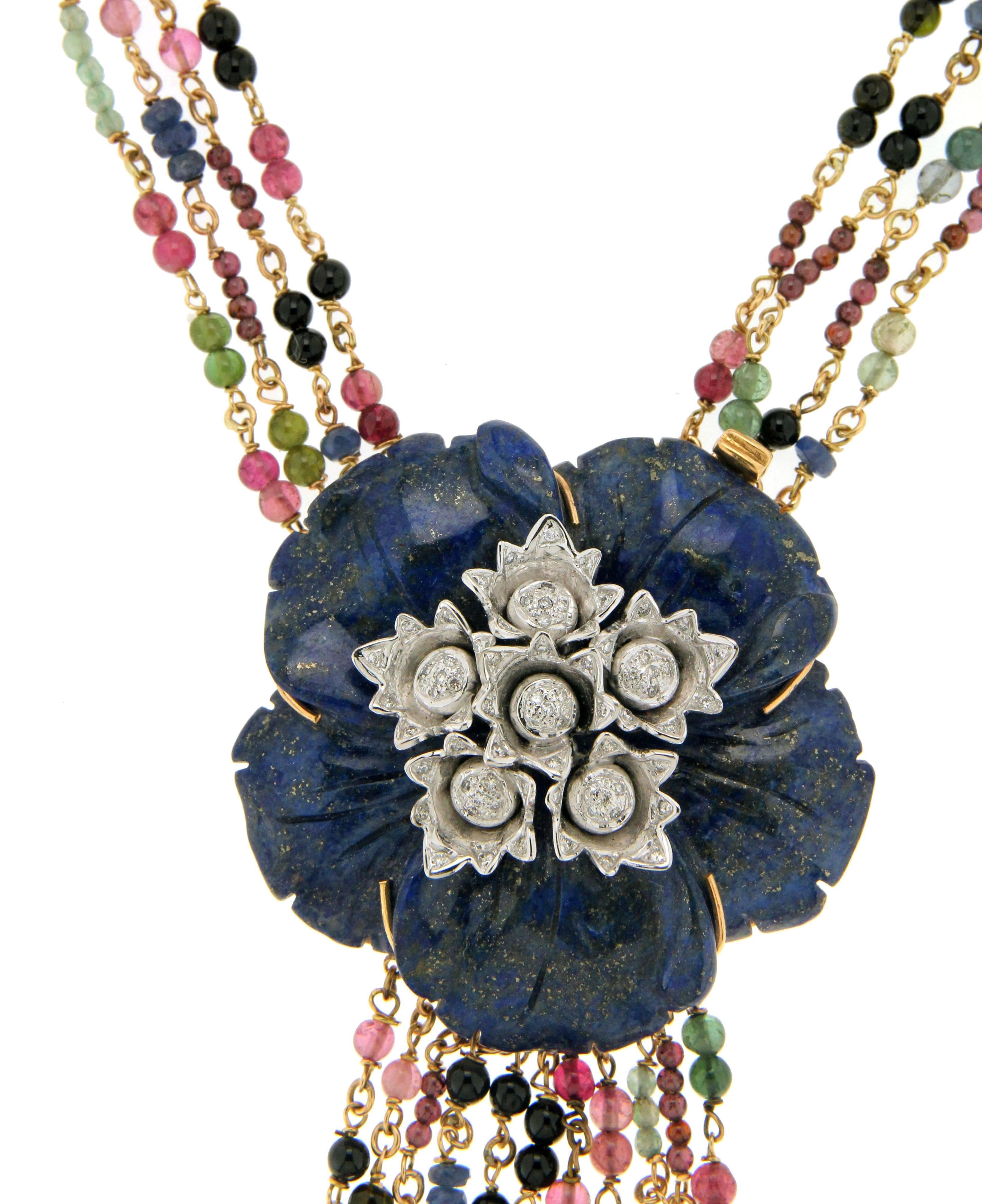 Retro Lapislazuli Flower Tourmaline Diamonds White Gold 18 karat Drop Necklace For Sale