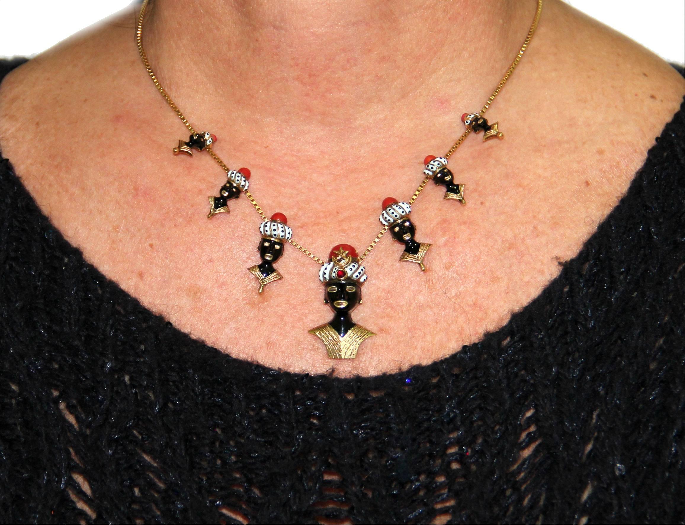 Women's or Men's Black Moor Yellow Gold Enamel Pendant Necklace