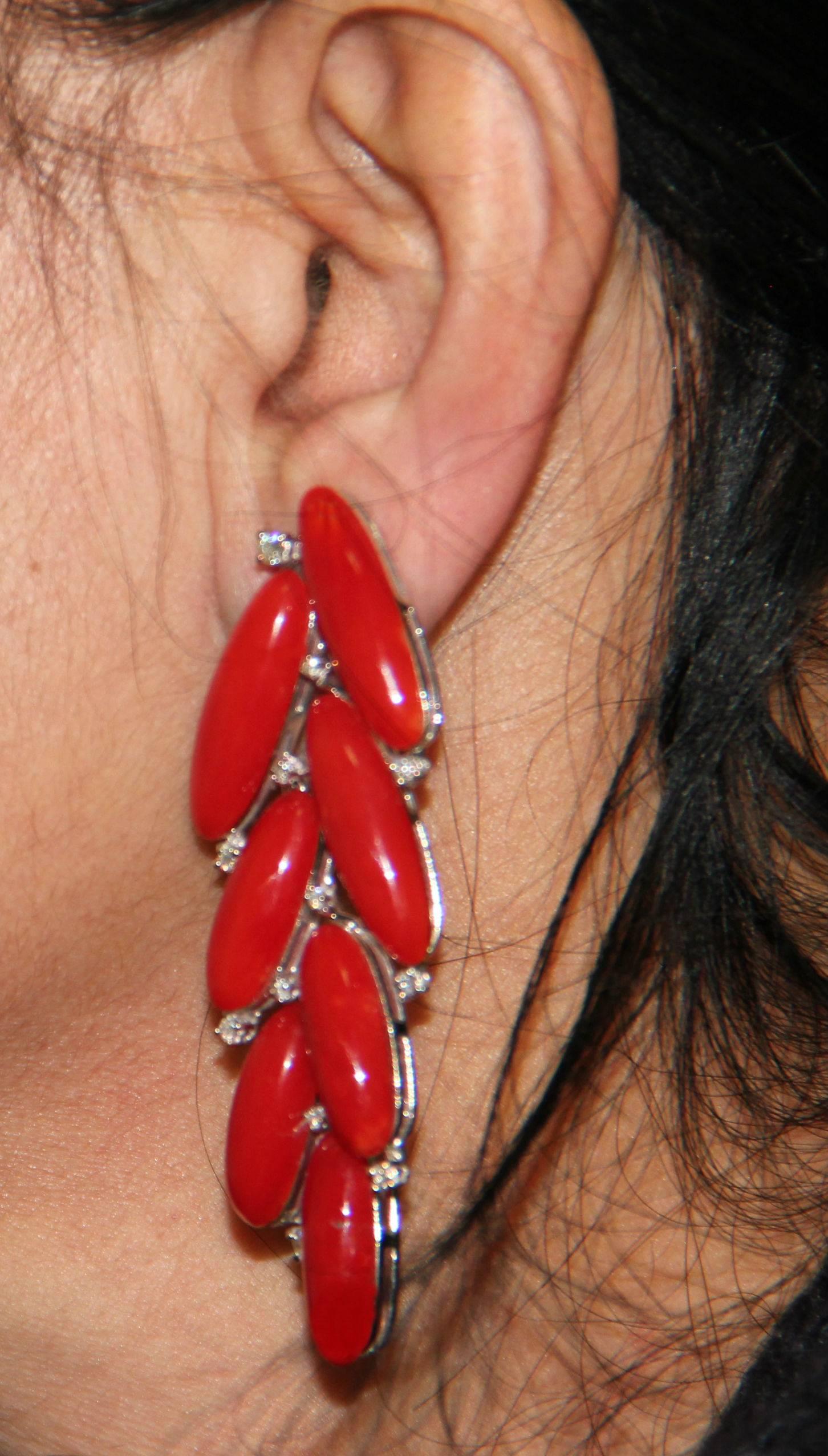 Sardinian Coral White Gold Diamonds Drop Earrings 2