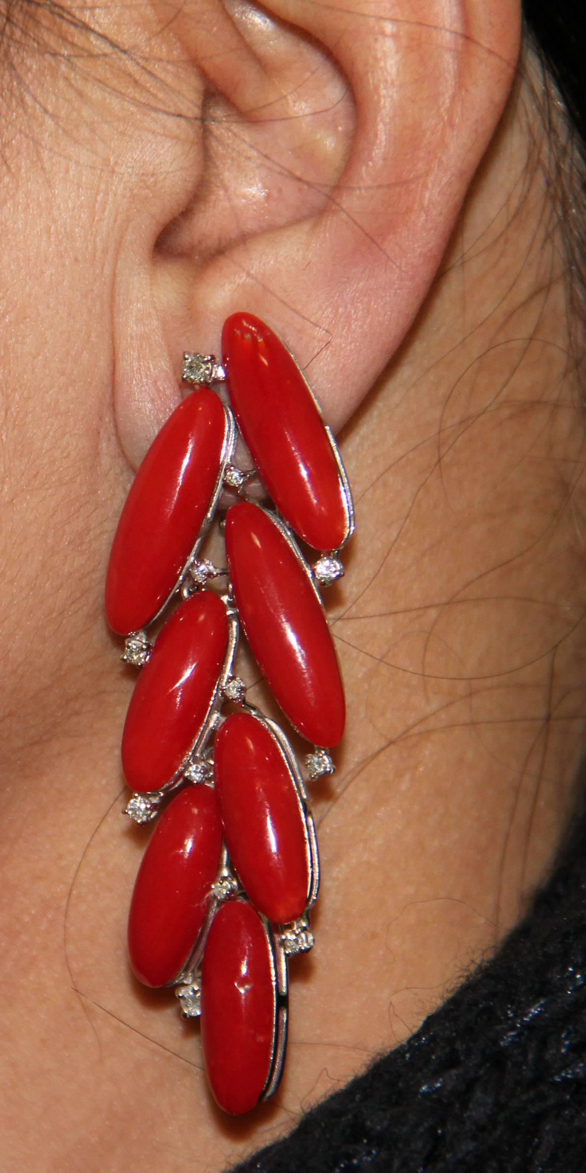 Sardinian Coral White Gold Diamonds Drop Earrings 4