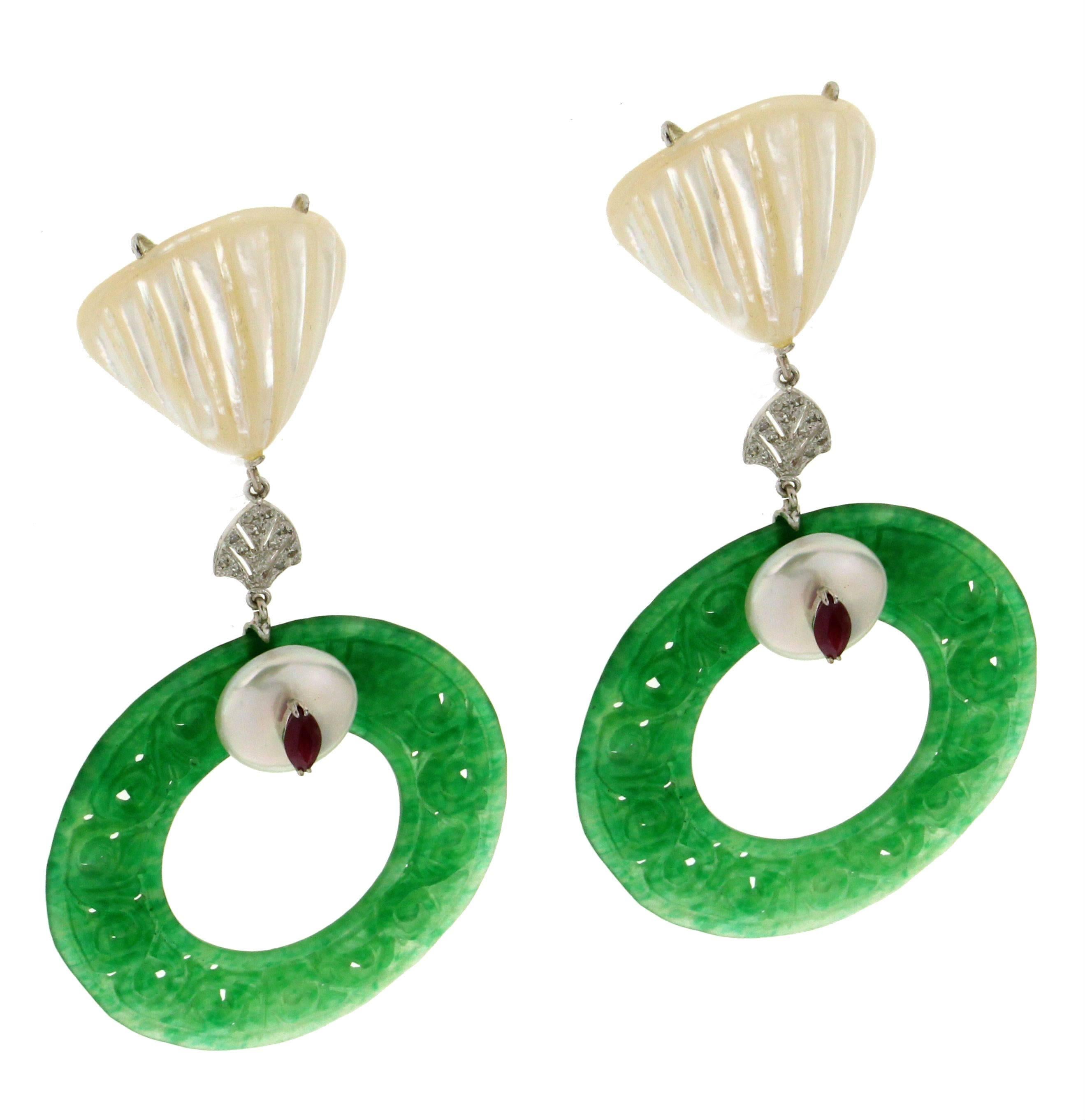 Jadeite Jade Nacre White Gold Drop Earrings In New Condition In Marcianise, IT