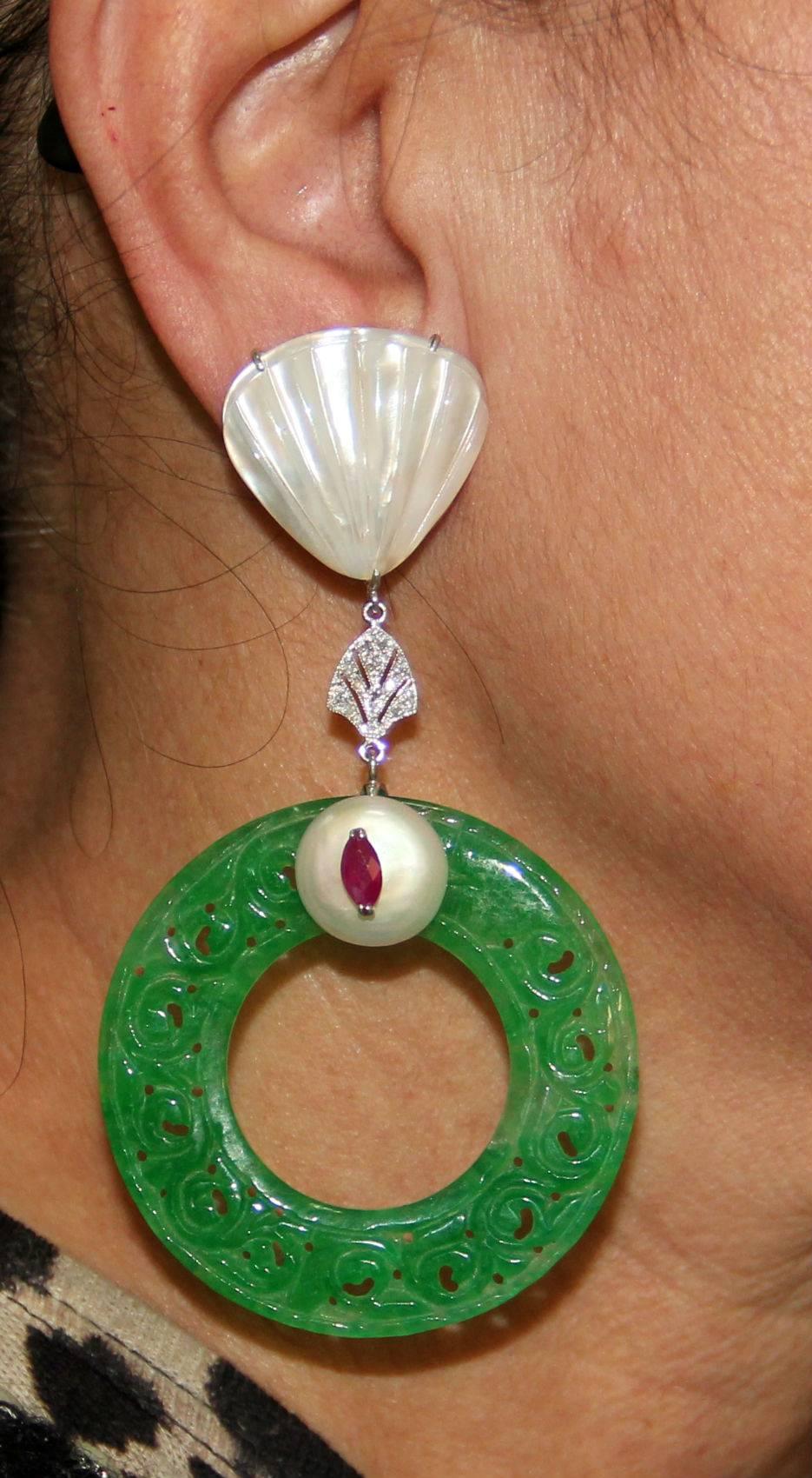 Jadeite Jade Nacre White Gold Drop Earrings 3