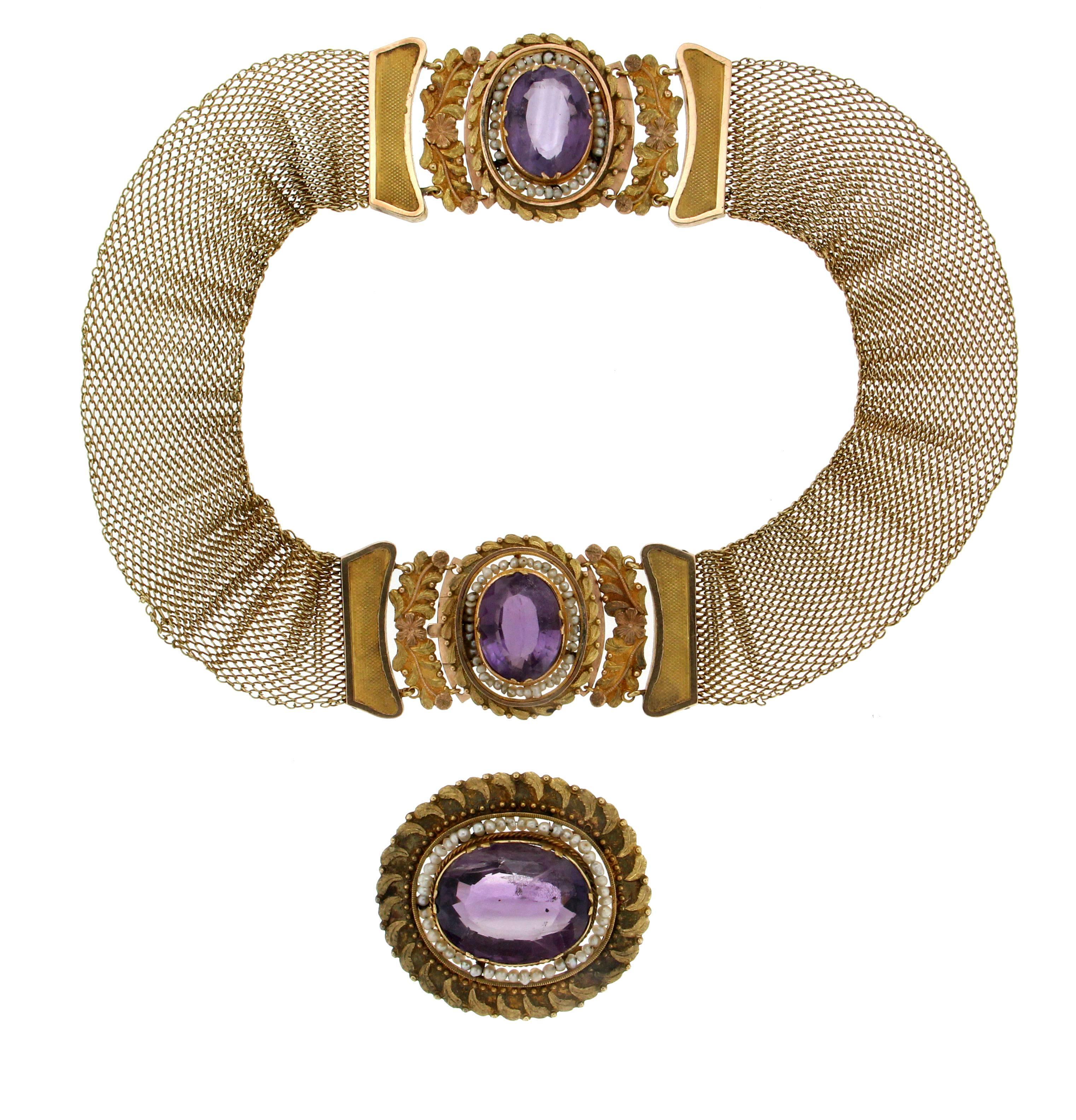 Women's or Men's Vintage Gold Amethyst Cuff Bracelet Set 