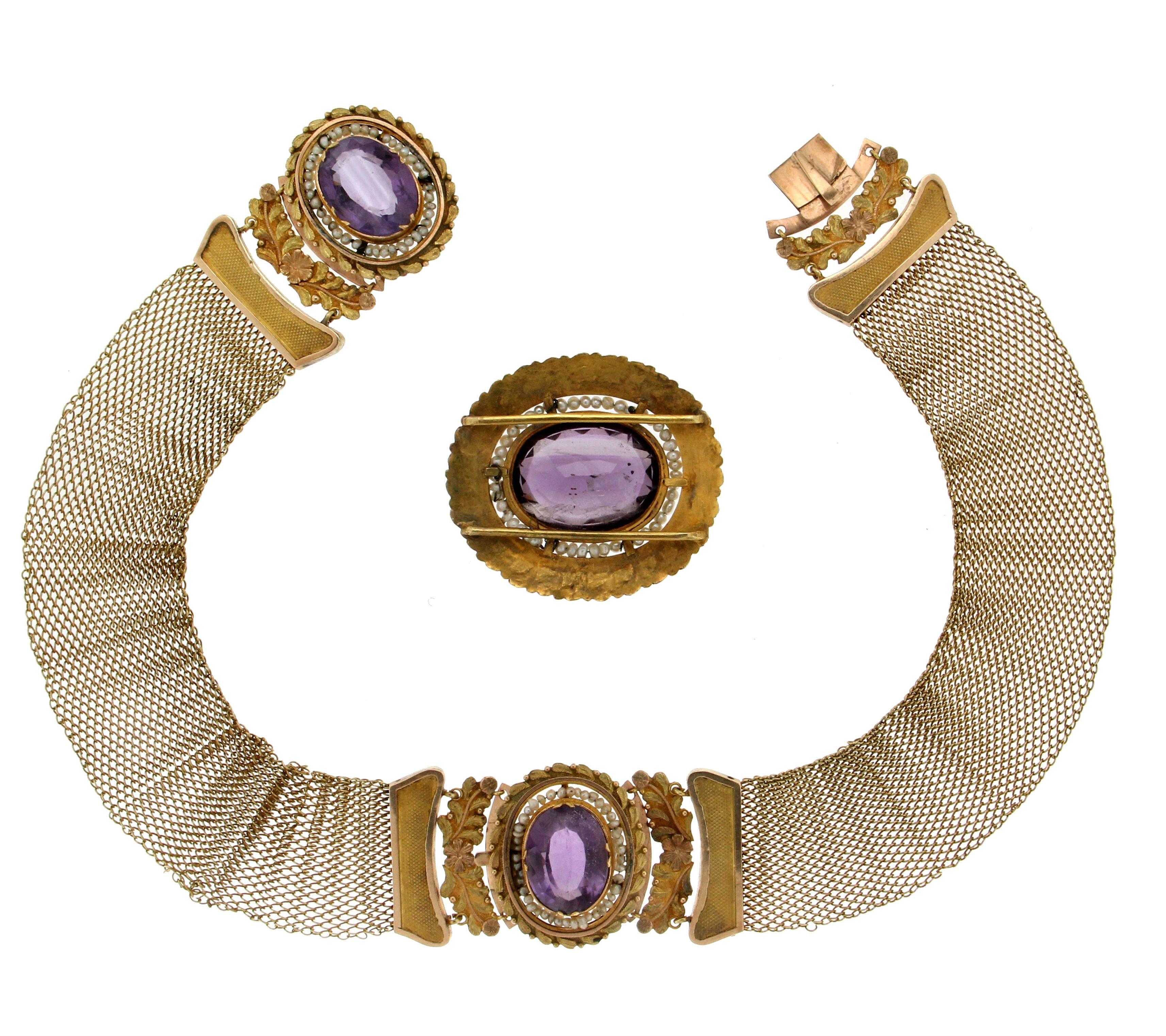 Vintage Gold Amethyst Cuff Bracelet Set  In New Condition In Marcianise, IT