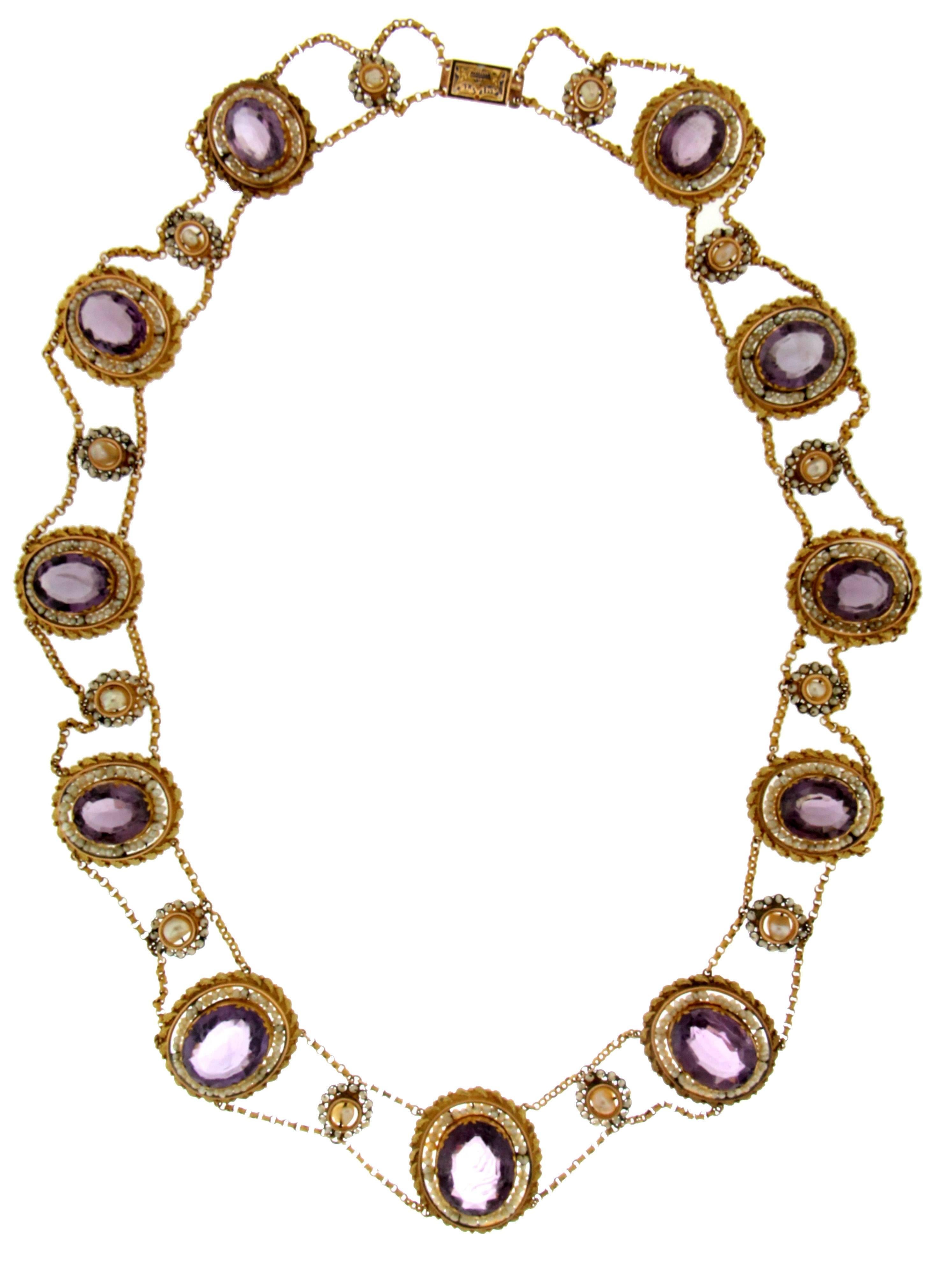 Gold 14 Carat Amethyst and Pearls Choker Necklace Set, There are Brooch And Earrings

Necklace Weight 65.30 grams 
Necklace 50 cm
Brooch Weight 8.40 grams
Brooch width 3.20 cm length 2.90 cm
Earrings Weight 9.30 grams
Earrings length 4.10 cm

