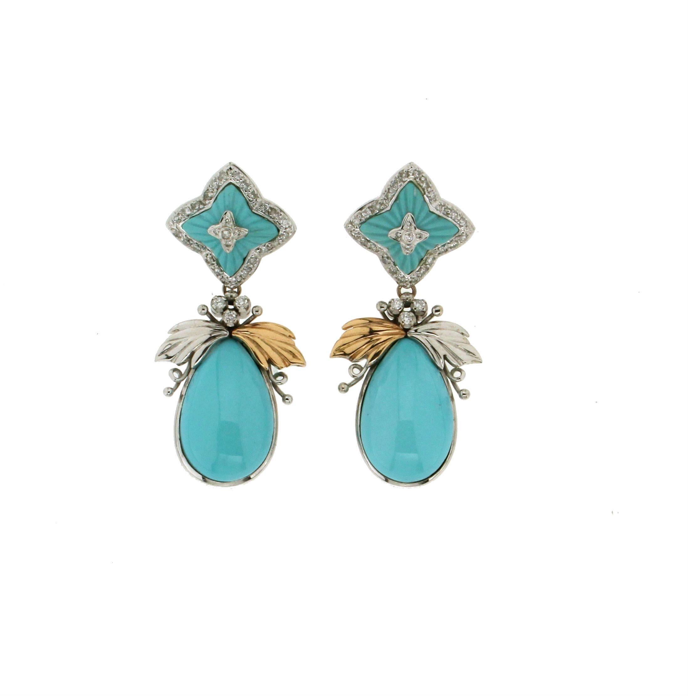 Charming earring mounted in yellow & white gold 18 kt with drops turquoise and two stars on the top with diamonds around.
Diamonds weight 0.40 kt
Turquoise weight 10,00 gr.
