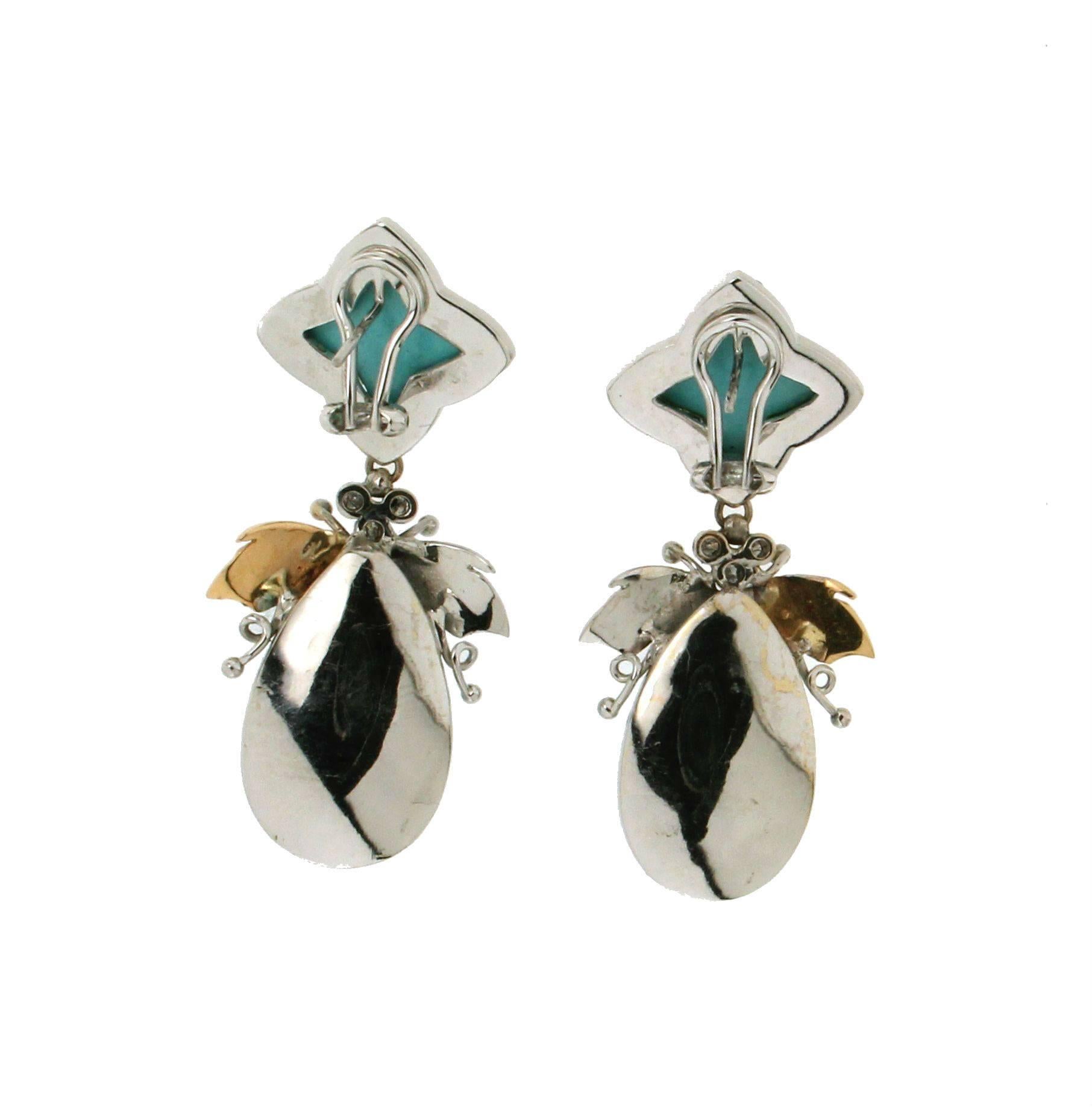 Gold Turquoise Diamonds Drop Earrings In New Condition In Marcianise, IT