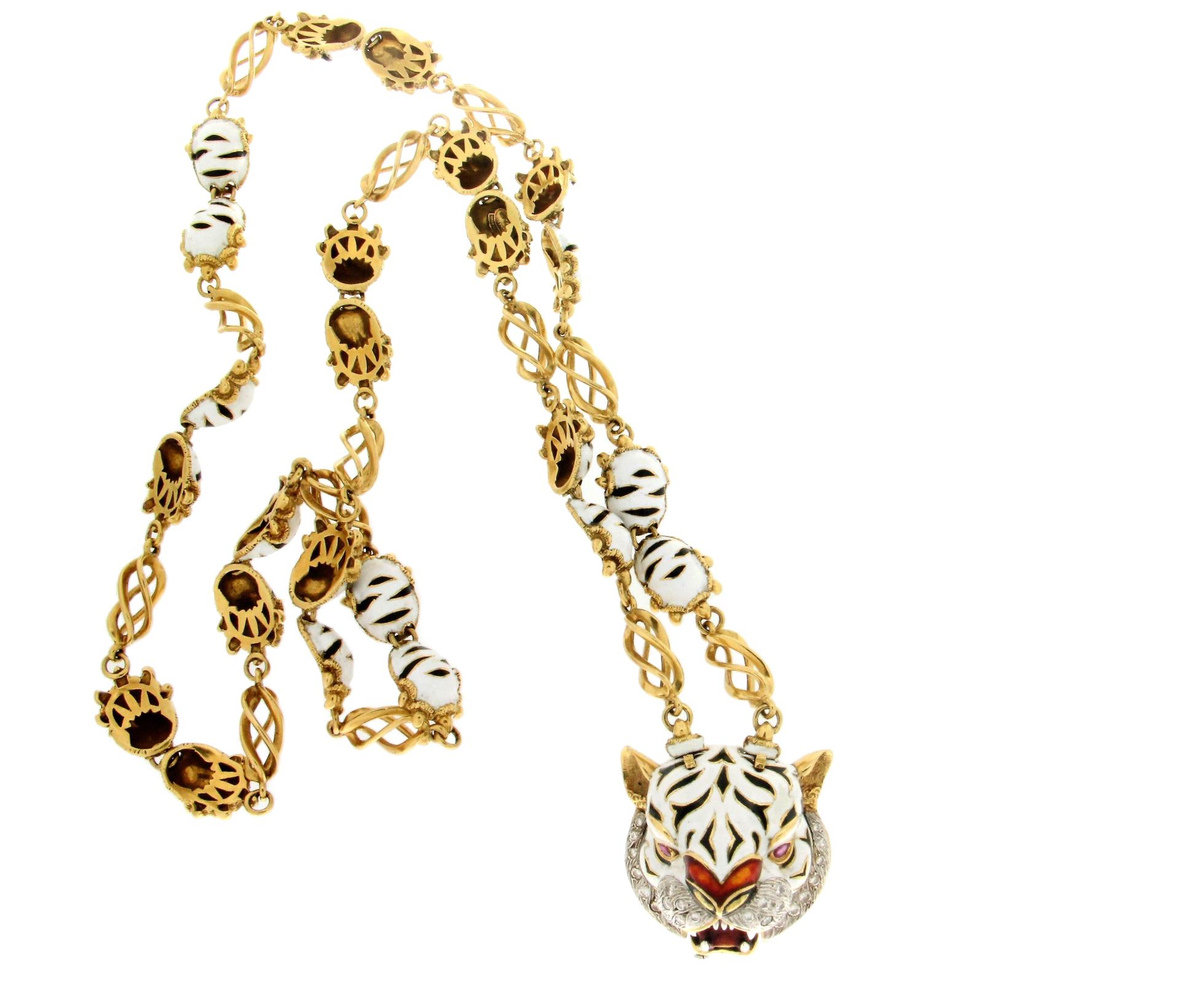 Women's or Men's Frascarolo Enamel 18 karat Yellow Gold Diamonds Tiger Pendant Necklace