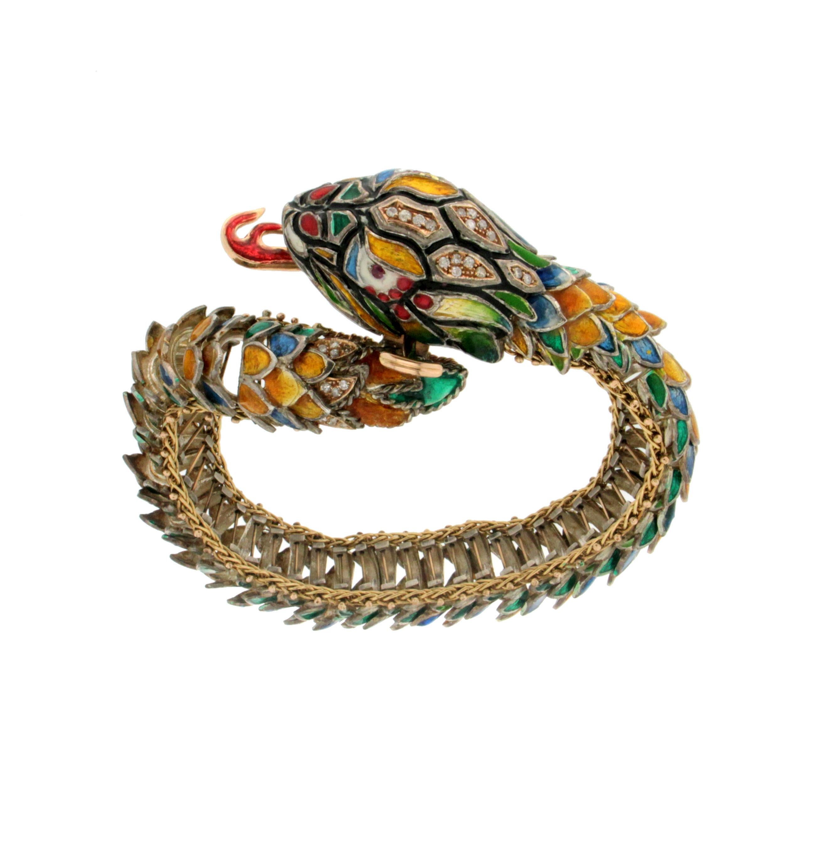 Enamel Snake 14 Karat Yellow Gold and Silver Diamonds Cuff Bracelet 1