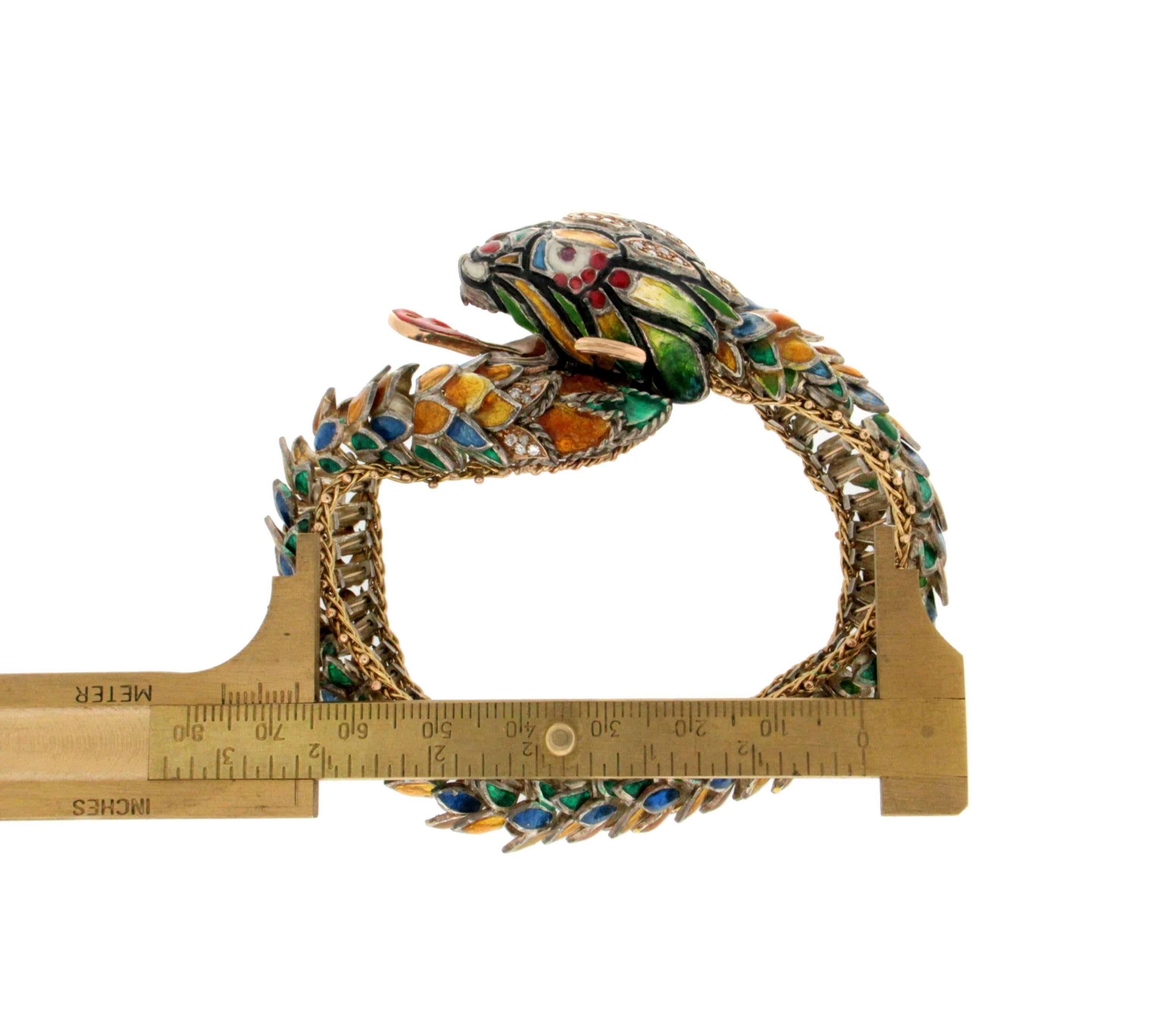 Enamel Snake 14 Karat Yellow Gold and Silver Diamonds Cuff Bracelet 3