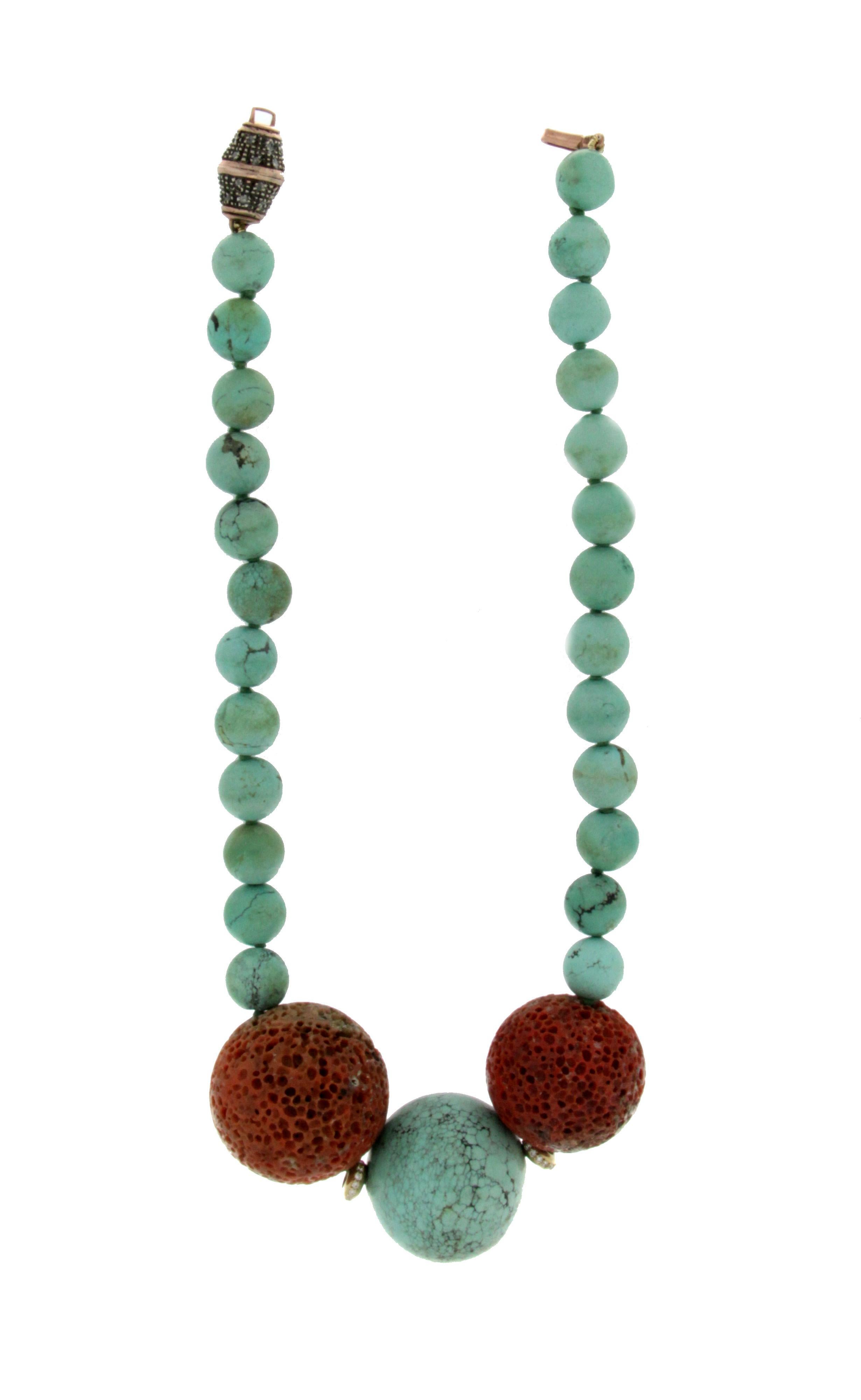 Turquoise 14 karat yellow gold coral diamonds rope necklace
Turquoise small balls size 1.10 cm 
Turquoise big ball size 3 cm

Necklace total weight 114 grams
Diamonds weight 0.15 karat
Turquoise weight 63 grams
Coral weight 44 grams
Necklace length