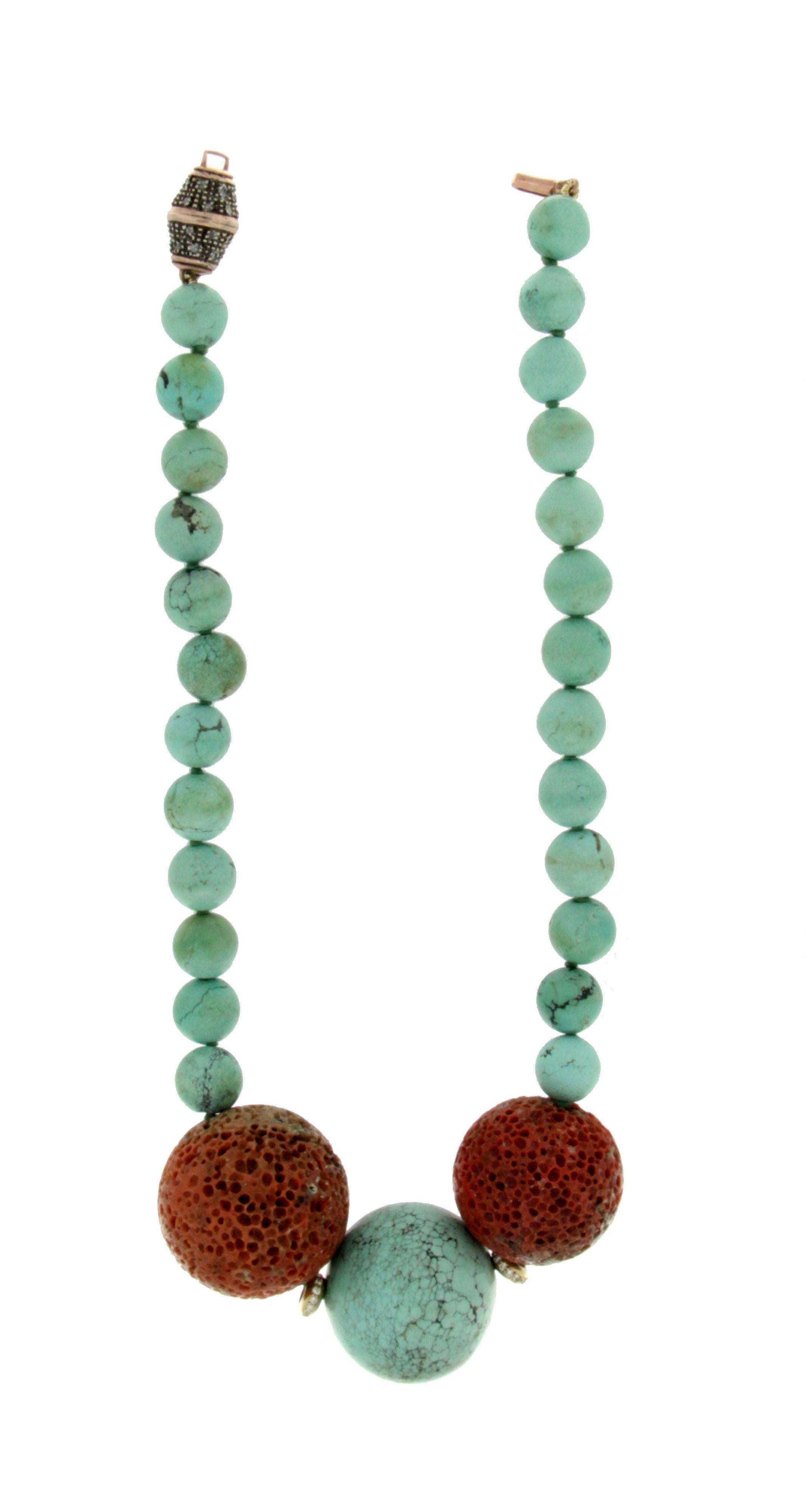 Turquoise 14 Karat Yellow Gold Coral Diamonds Rope Necklace In New Condition In Marcianise, IT