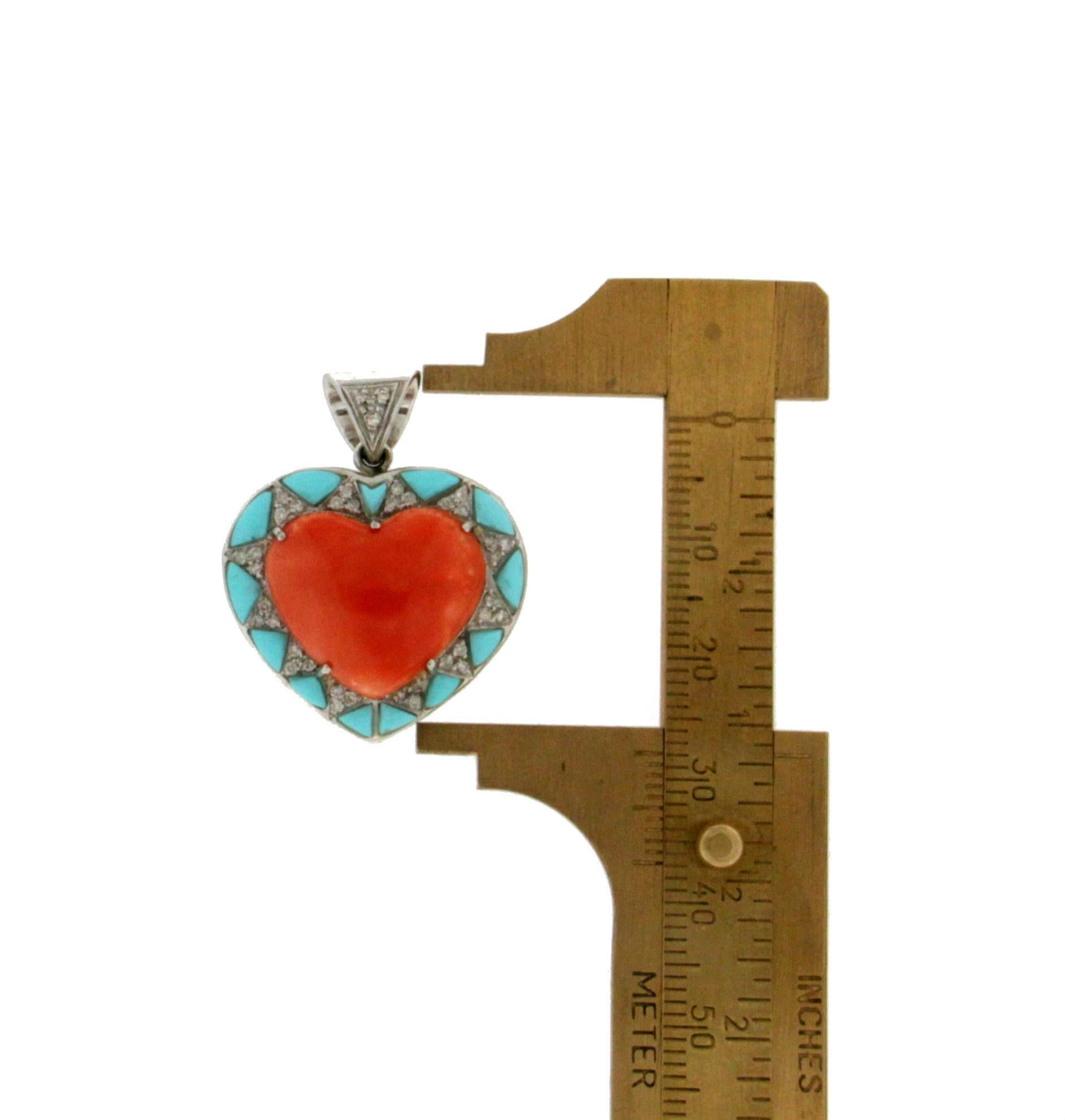 Women's or Men's Coral Heart 18 Karat White Gold Turquoise Diamonds Pendant Necklace
