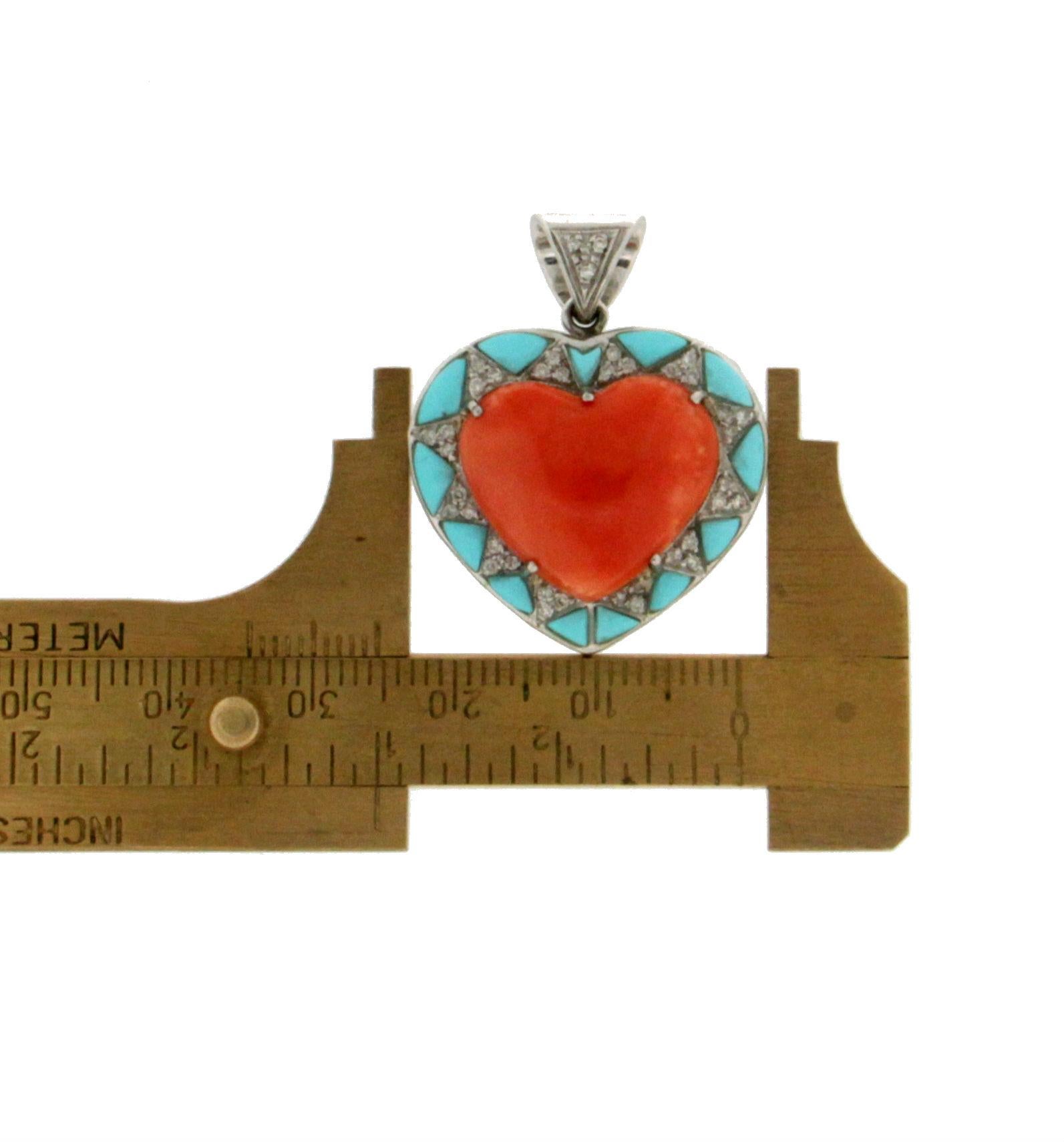 Coral Heart 18 Karat White Gold Turquoise Diamonds Pendant Necklace 1