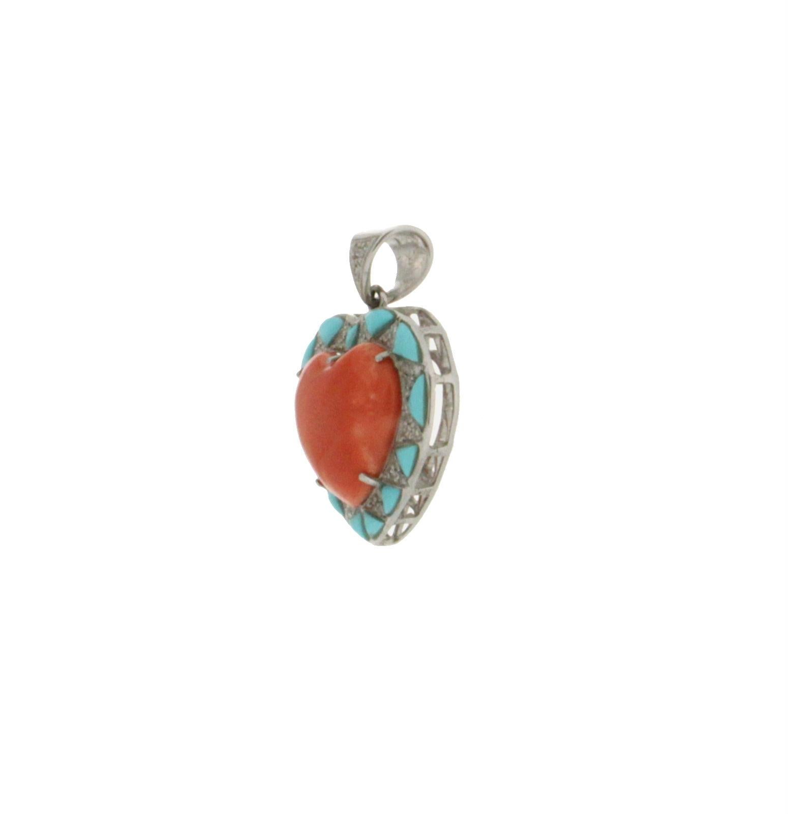 Coral Heart 18 Karat White Gold Turquoise Diamonds Pendant Necklace In New Condition In Marcianise, IT