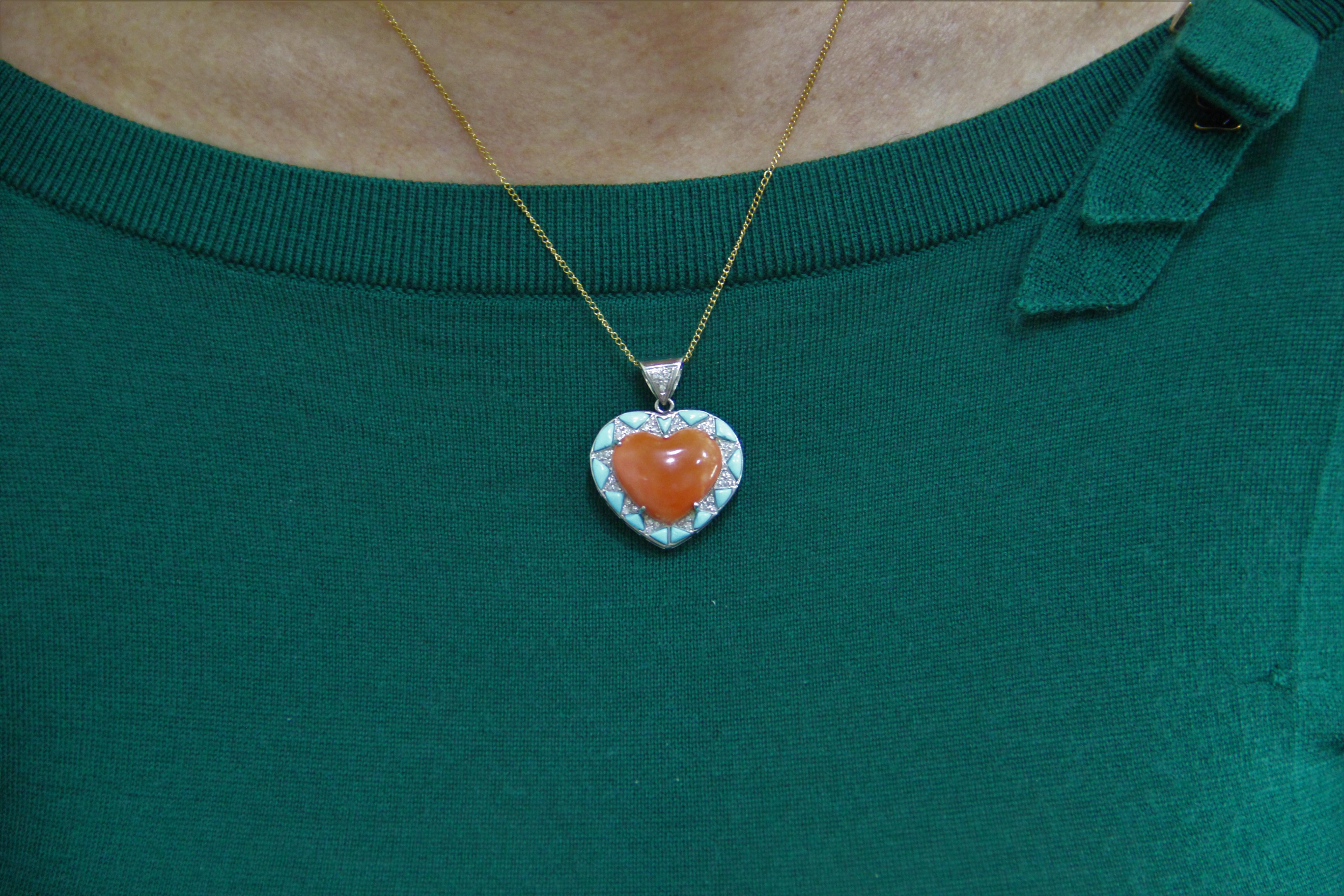 Coral Heart 18 Karat White Gold Turquoise Diamonds Pendant Necklace 2