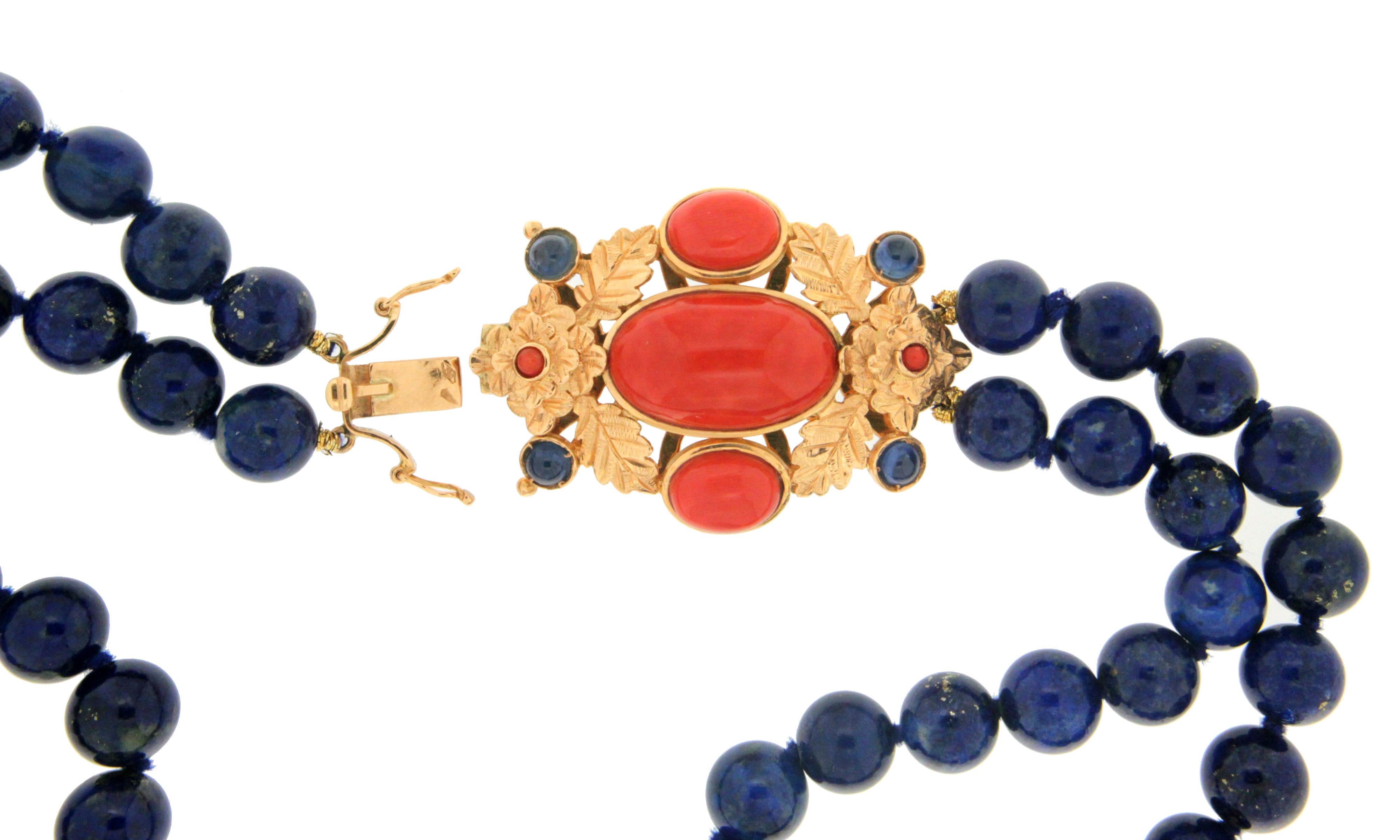 Women's or Men's Lapis Lazuli 18 Karat Yellow Gold Coral Multi-Strand Necklace