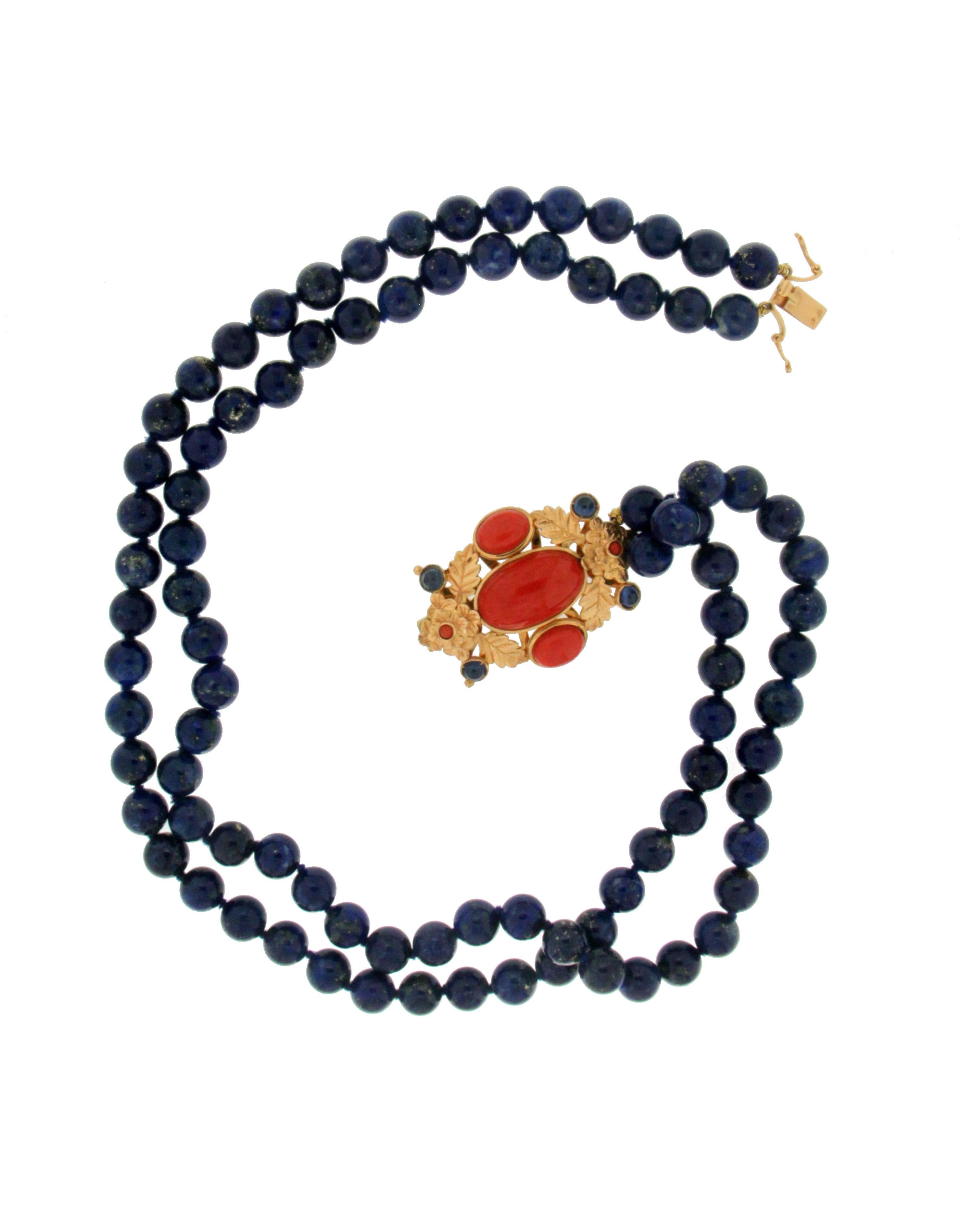 Lapis Lazuli 18 Karat Yellow Gold Coral Multi-Strand Necklace In New Condition In Marcianise, IT