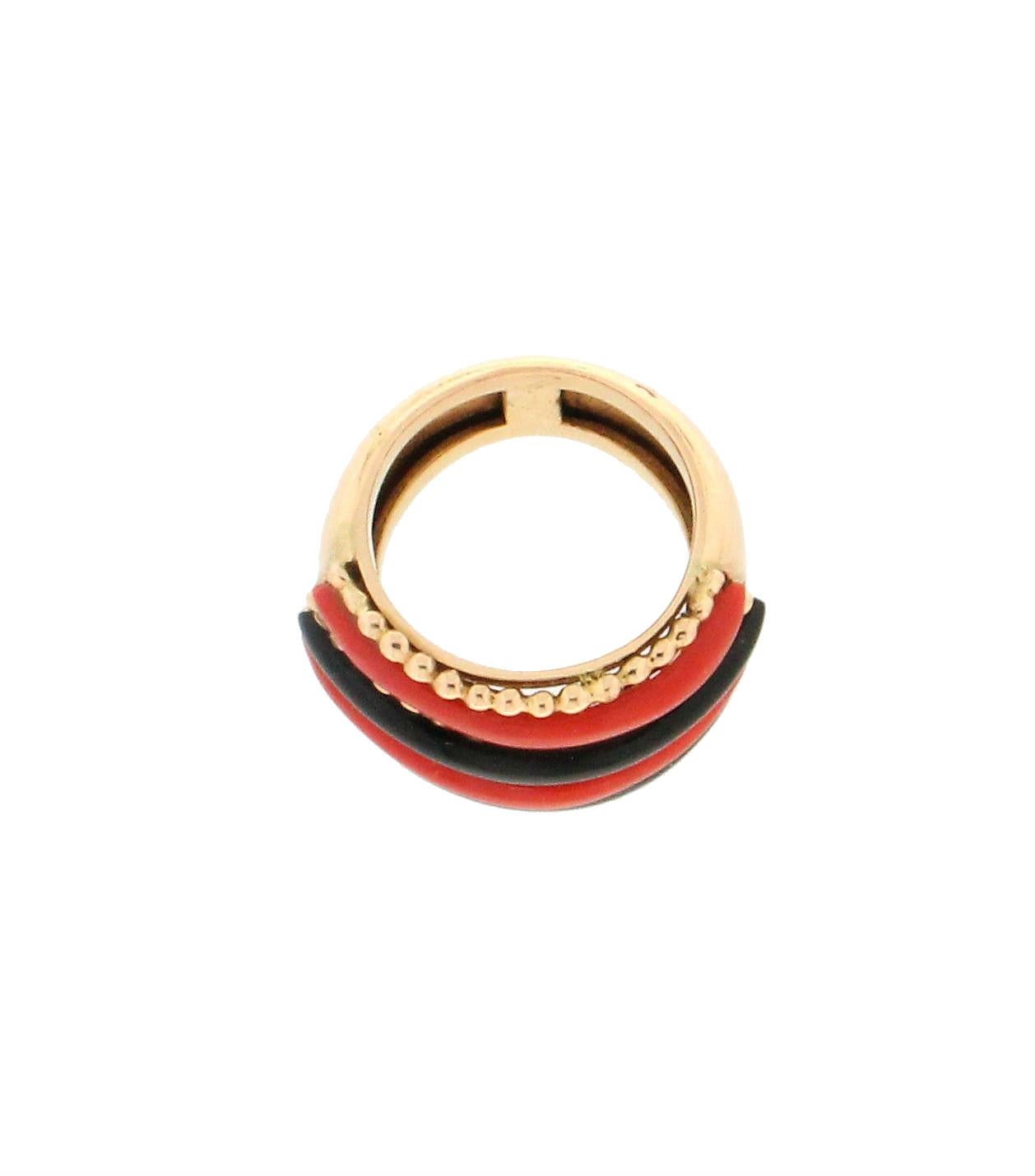 Women's or Men's Coral 14 Karat Yellow Gold Onyx Band Ring