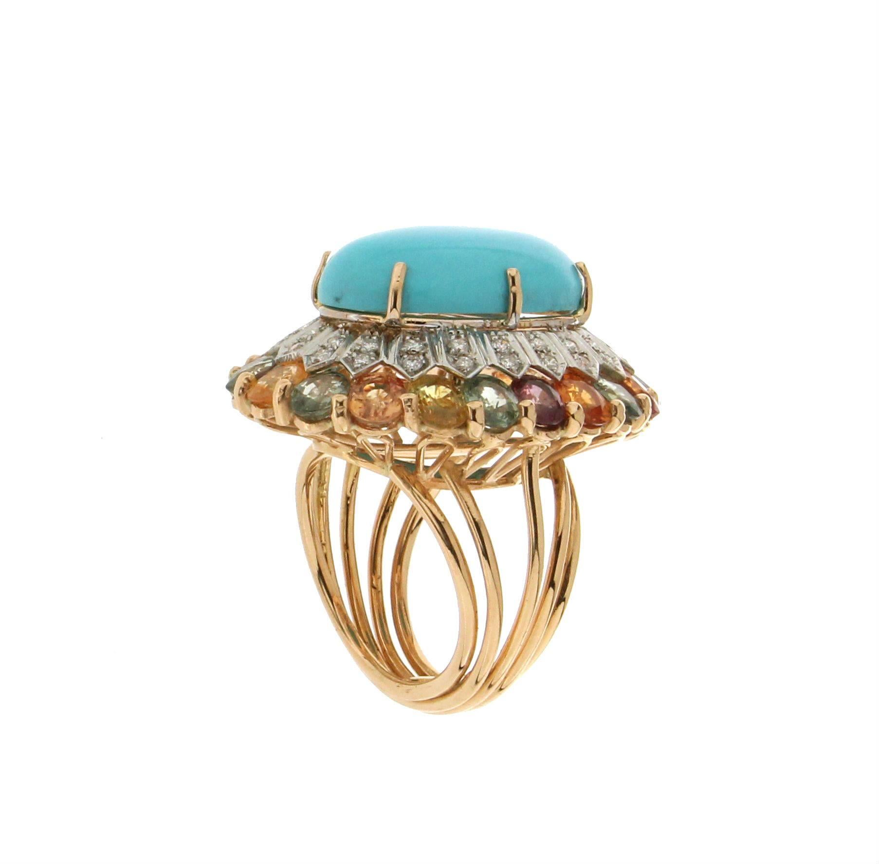Turquoise, 18 Karat White and Yellow Gold, Diamonds, Sapphires, Cocktail Ring In New Condition In Marcianise, IT