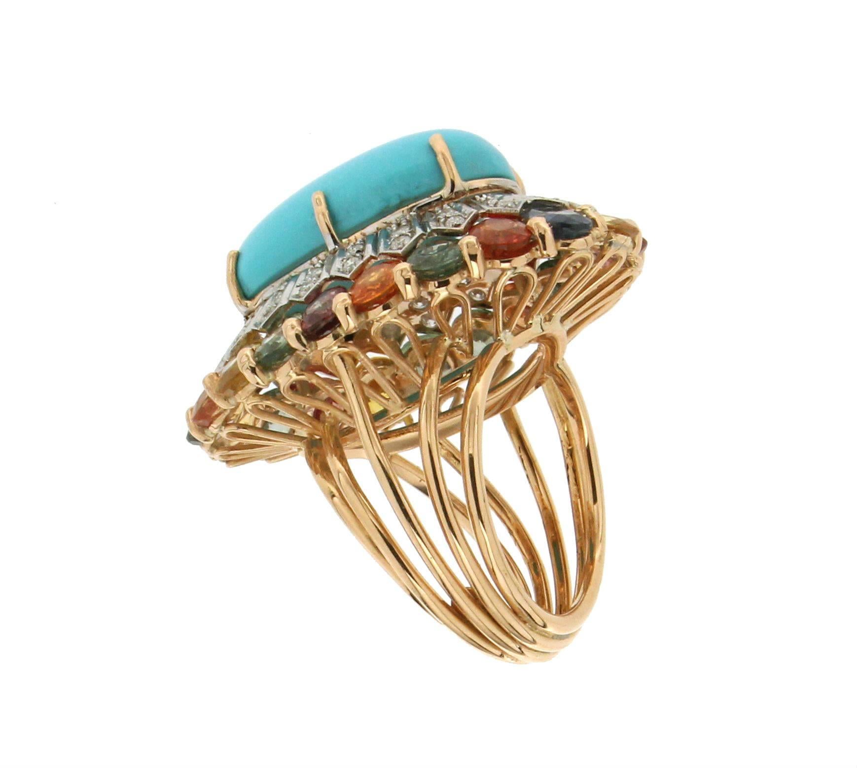 Women's or Men's Turquoise, 18 Karat White and Yellow Gold, Diamonds, Sapphires, Cocktail Ring