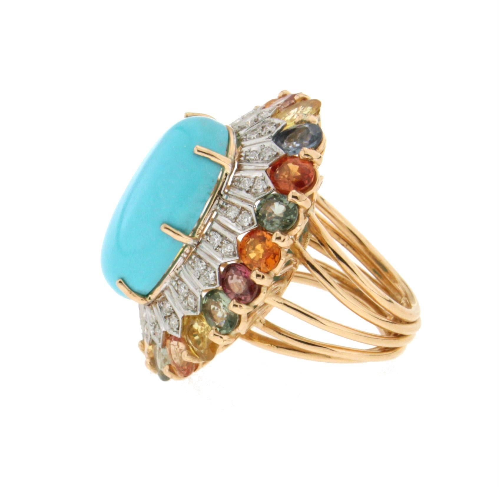 Turquoise, 18 Karat White and Yellow Gold, Diamonds, Sapphires, Cocktail Ring 2
