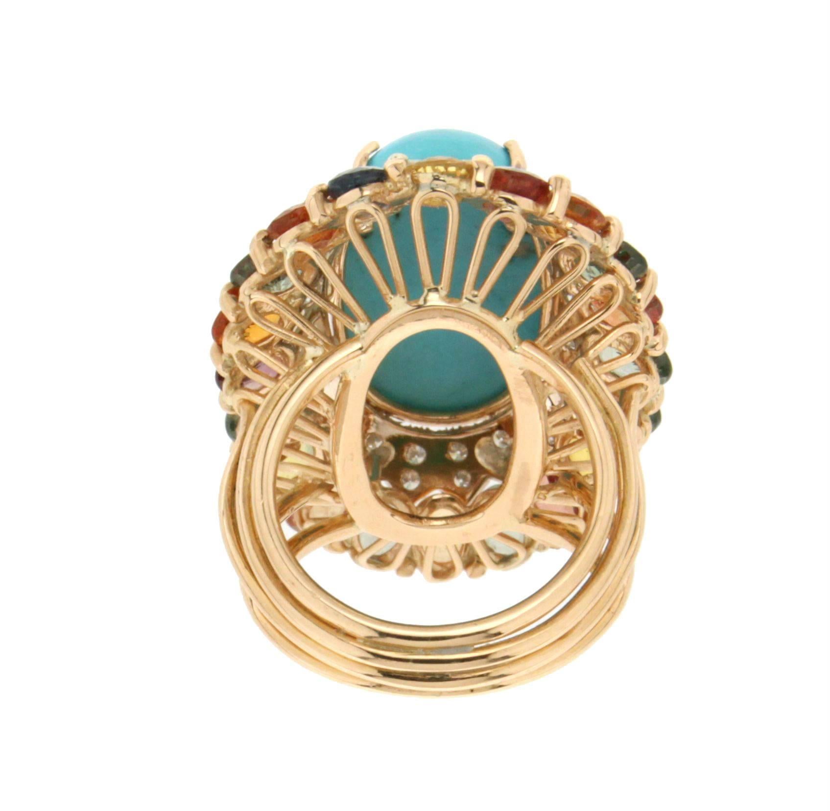 Turquoise, 18 Karat White and Yellow Gold, Diamonds, Sapphires, Cocktail Ring 3