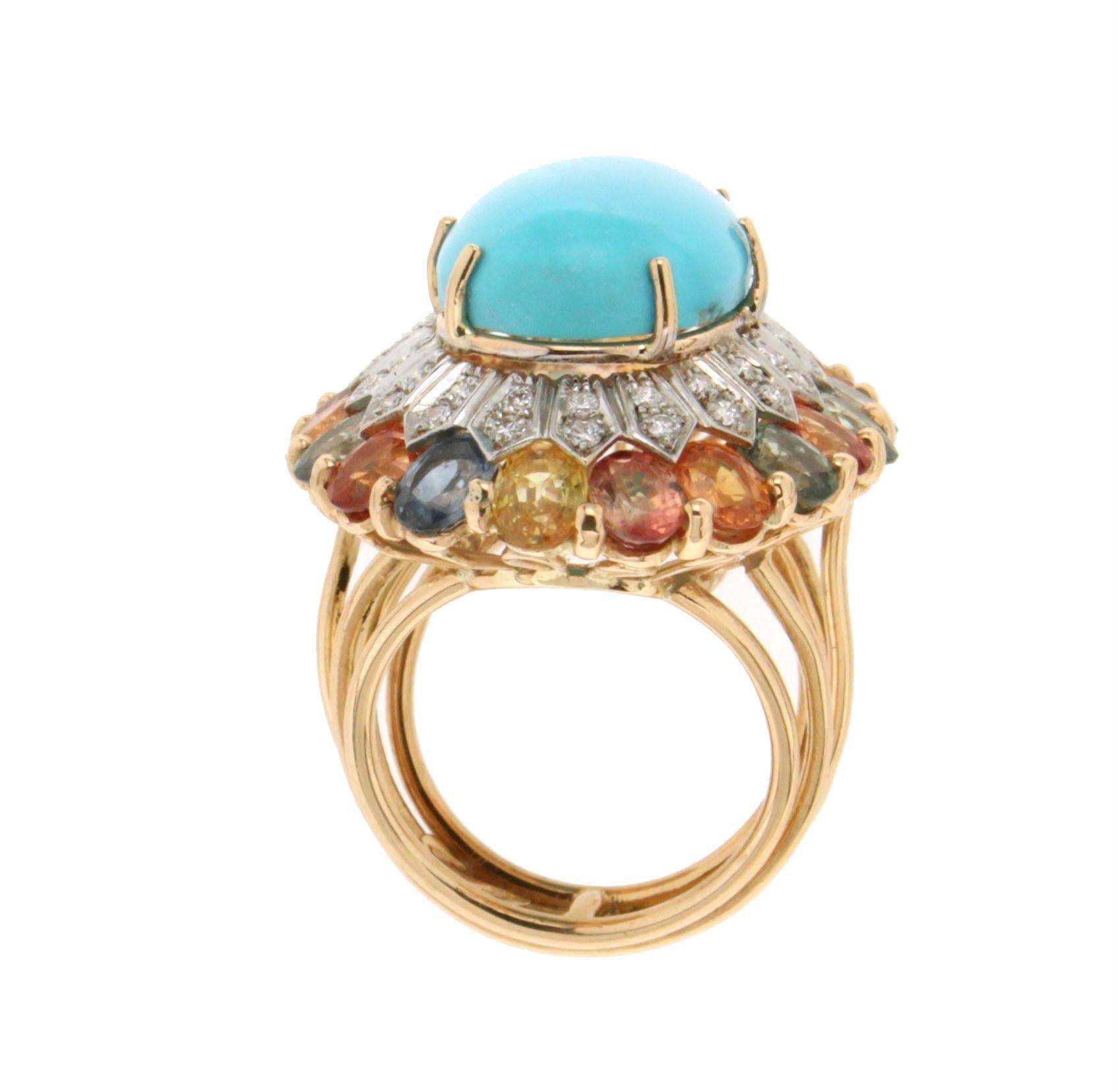 Turquoise, 18 Karat White and Yellow Gold, Diamonds, Sapphires, Cocktail Ring 4