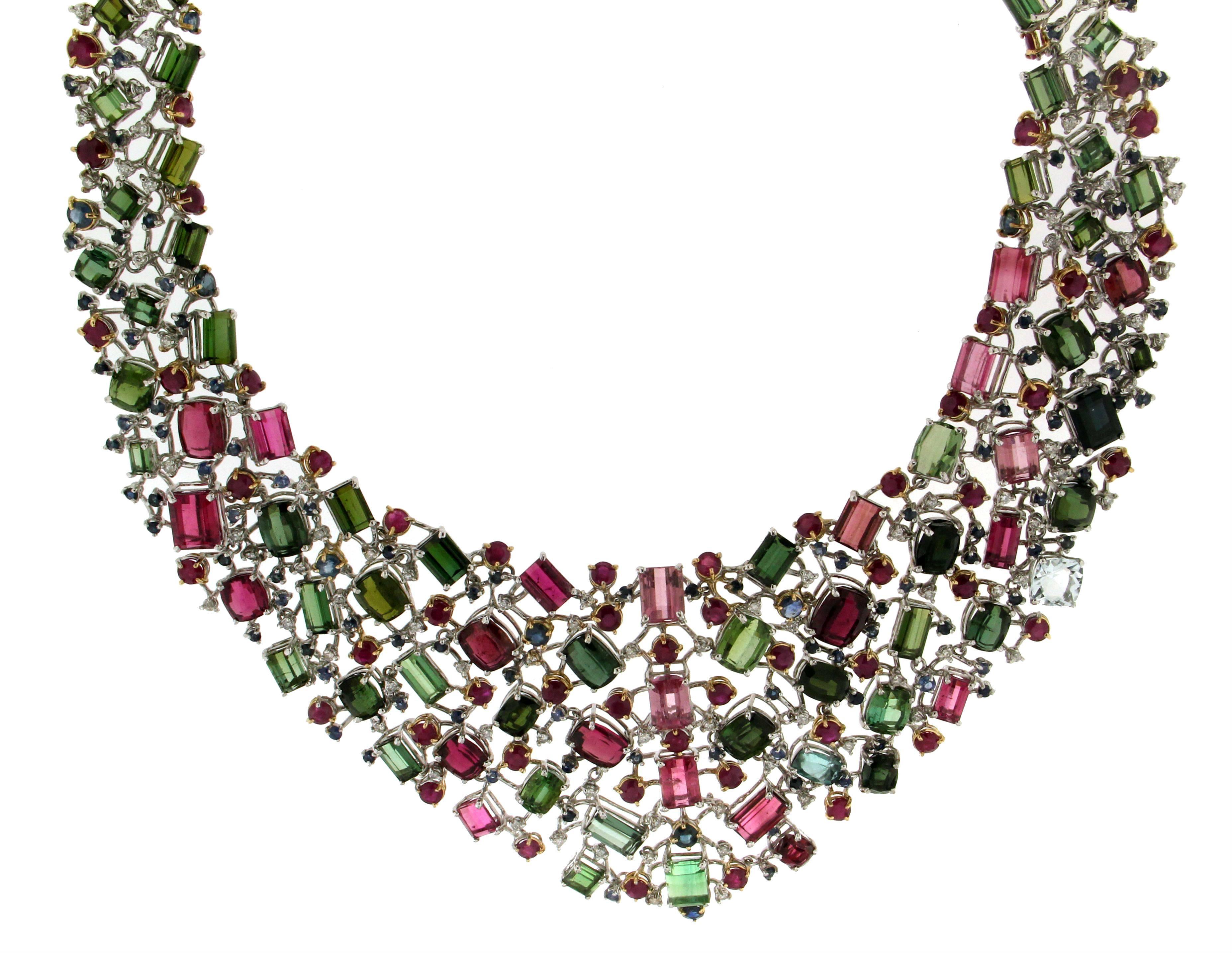 Tourmaline 18 Karat White Gold Diamonds Sapphires Ruby Choker Necklace In New Condition In Marcianise, IT