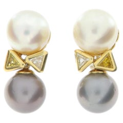 18K Gold South Sea & Tahitian Pearl Earrings White & Yellow Trillion Diamond