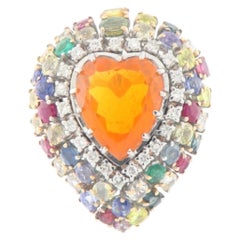 Contemporary 18K Gold, Heart Fire Opal, Diamond and Multi-Gemstone Cocktail Ring