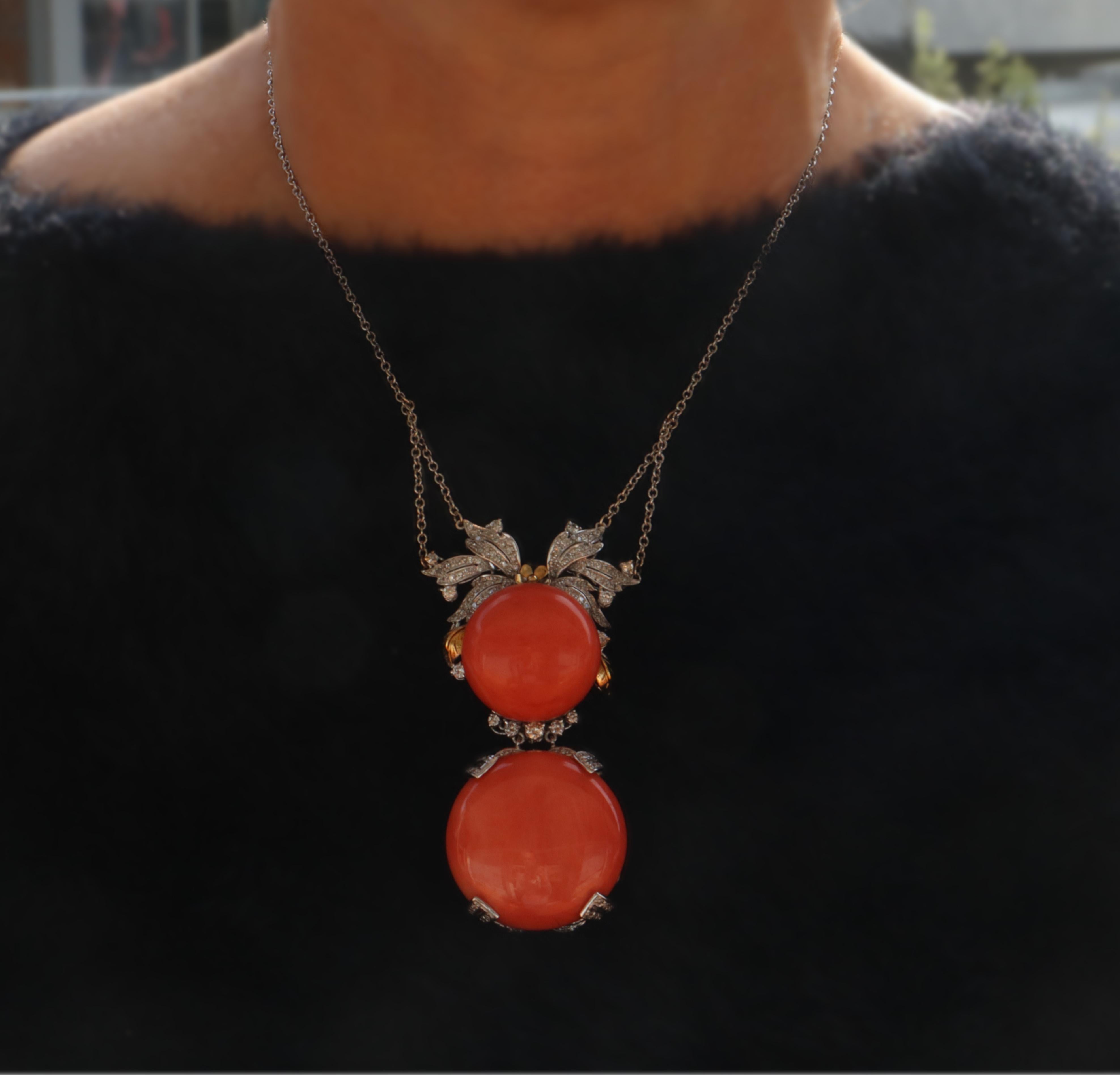 Artisan Handcraft Coral 18 Karat White Gold Diamonds Pendant Necklace For Sale