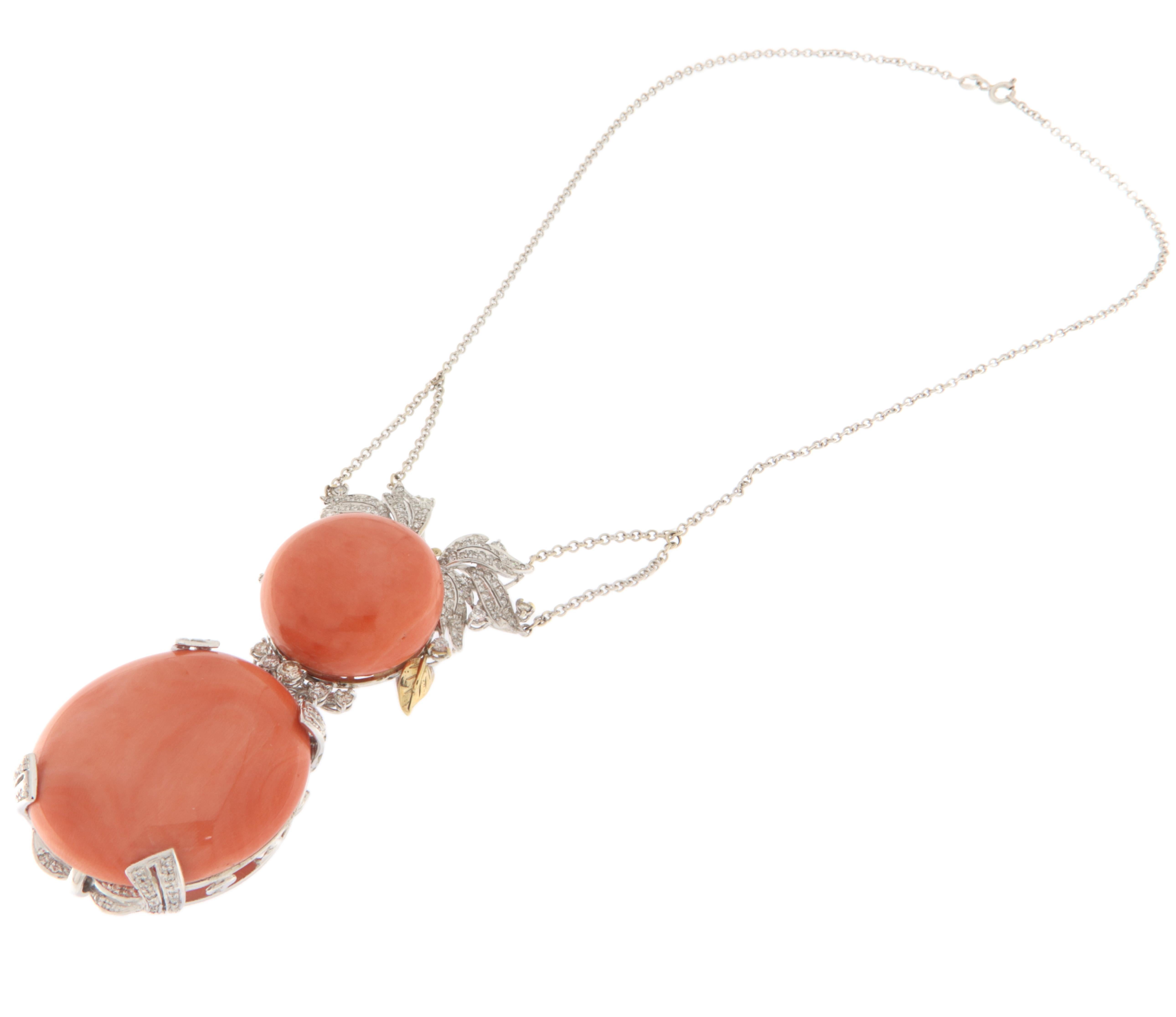 Brilliant Cut Handcraft Coral 18 Karat White Gold Diamonds Pendant Necklace For Sale